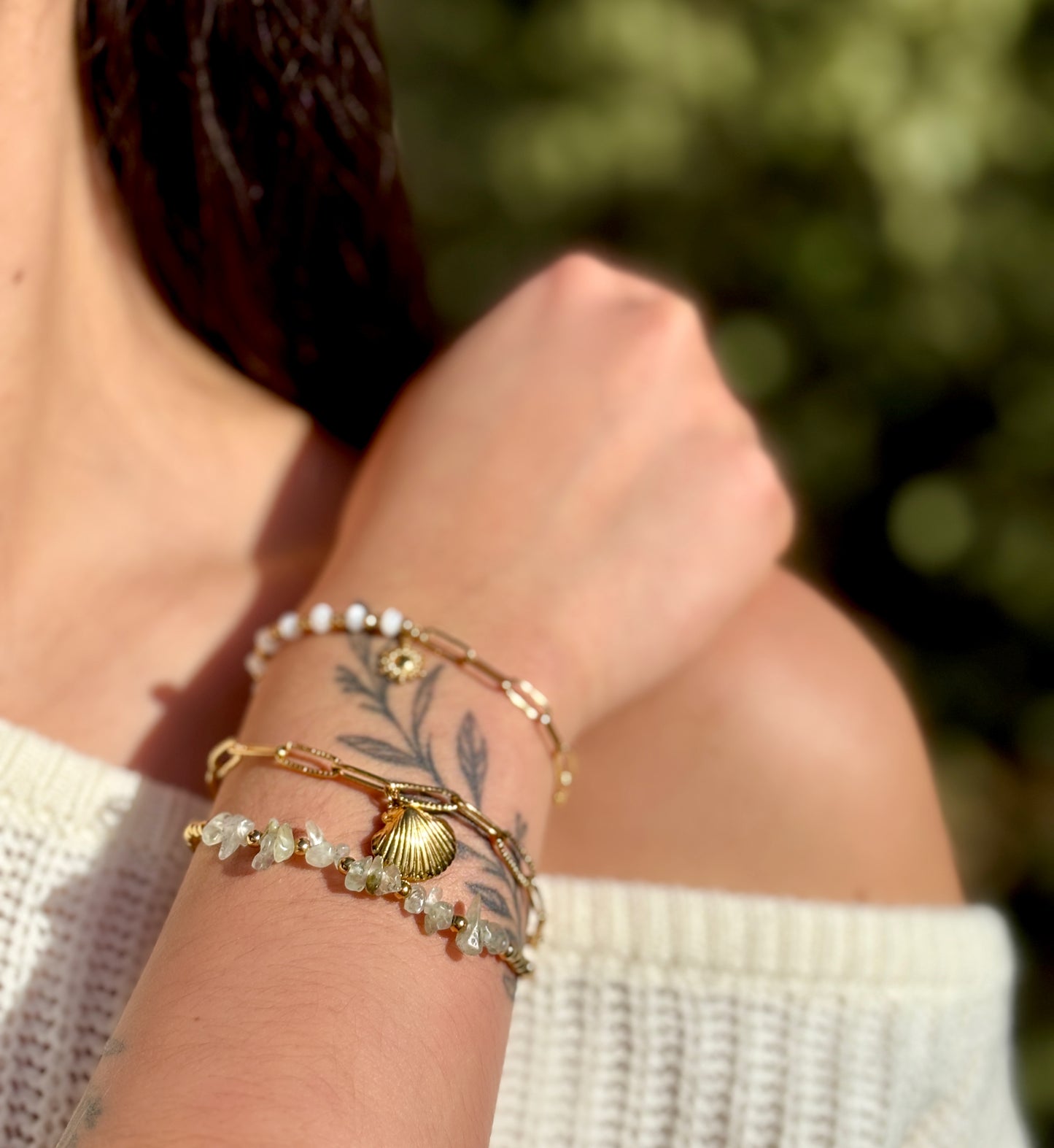 18ct Gold Plated Green Aventurine Shell Bracelet