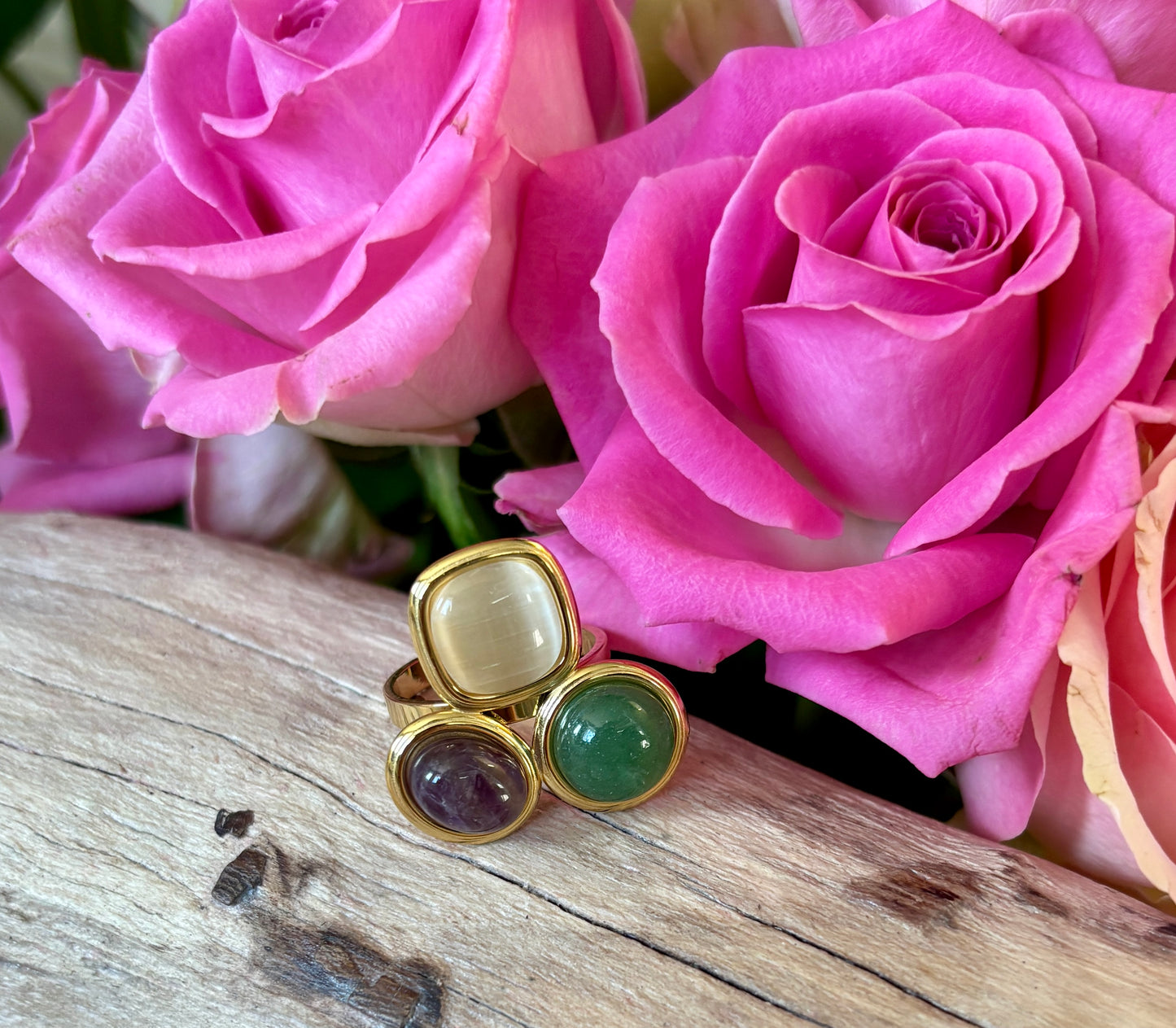 18ct Gold Plated Adjustable Triple Natural Stone Ring