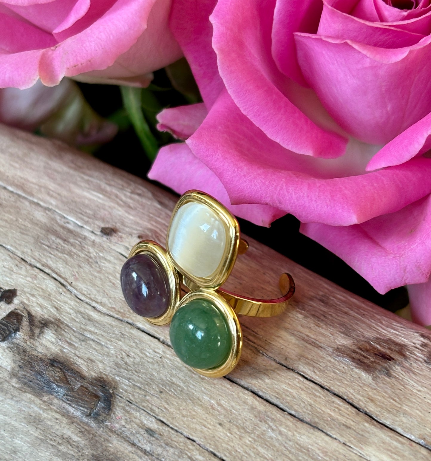 18ct Gold Plated Adjustable Triple Natural Stone Ring