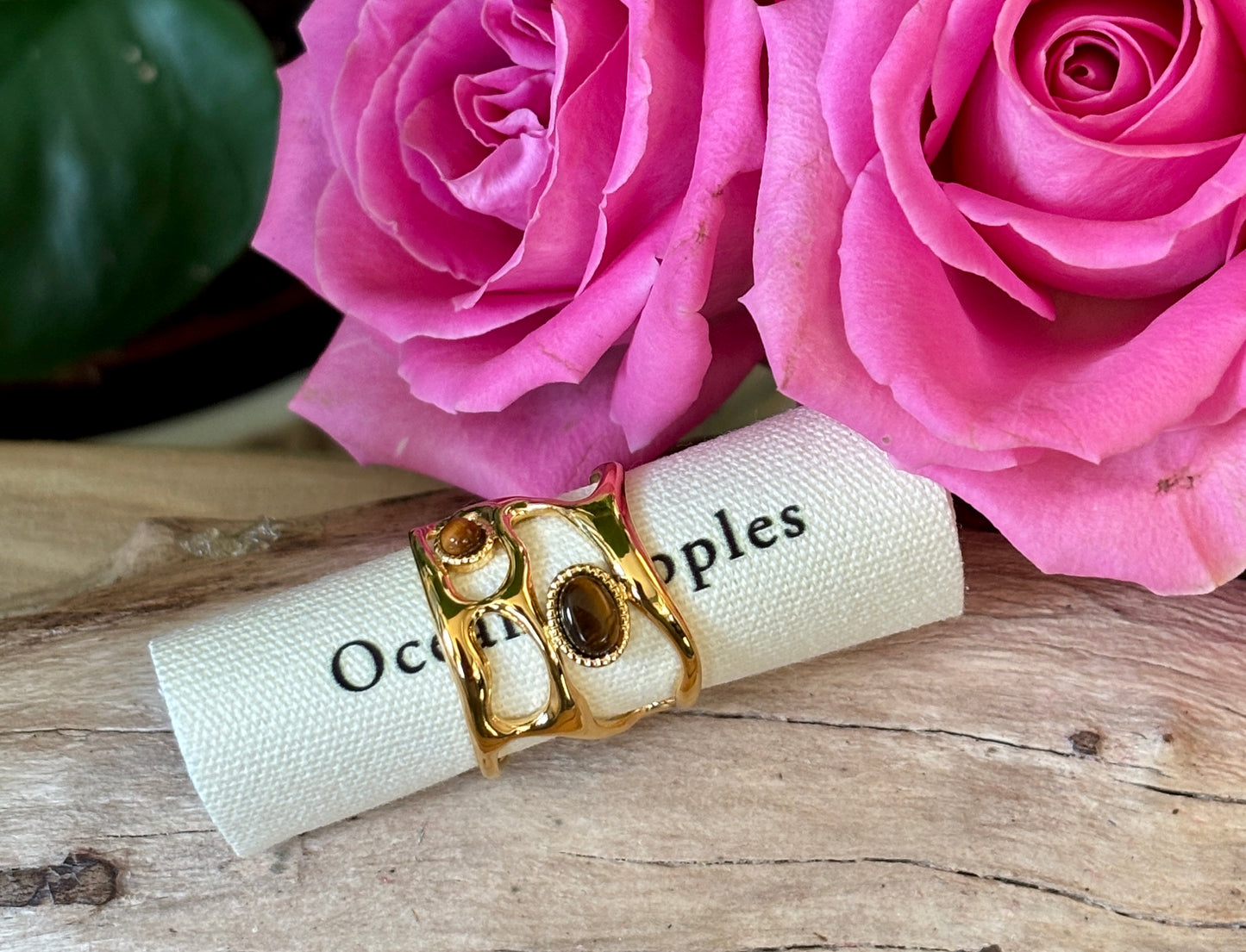 18ct Gold Plated Adjustable Tiger's Eye Cage Ring