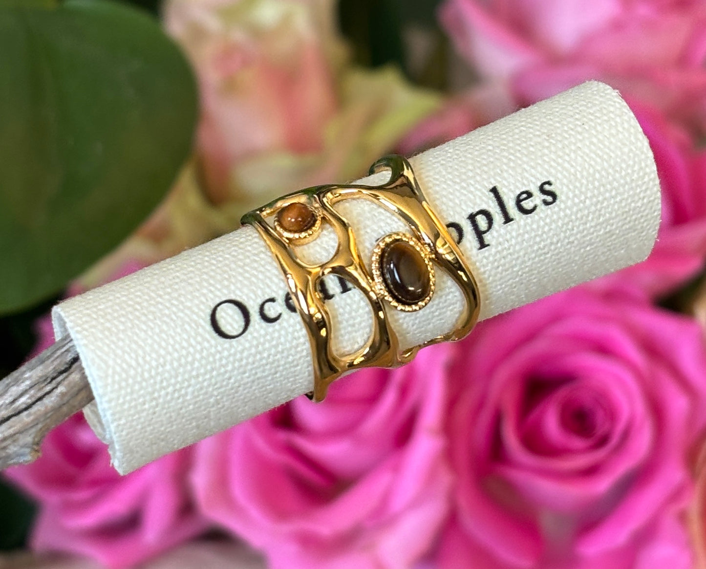 18ct Gold Plated Adjustable Tiger's Eye Cage Ring