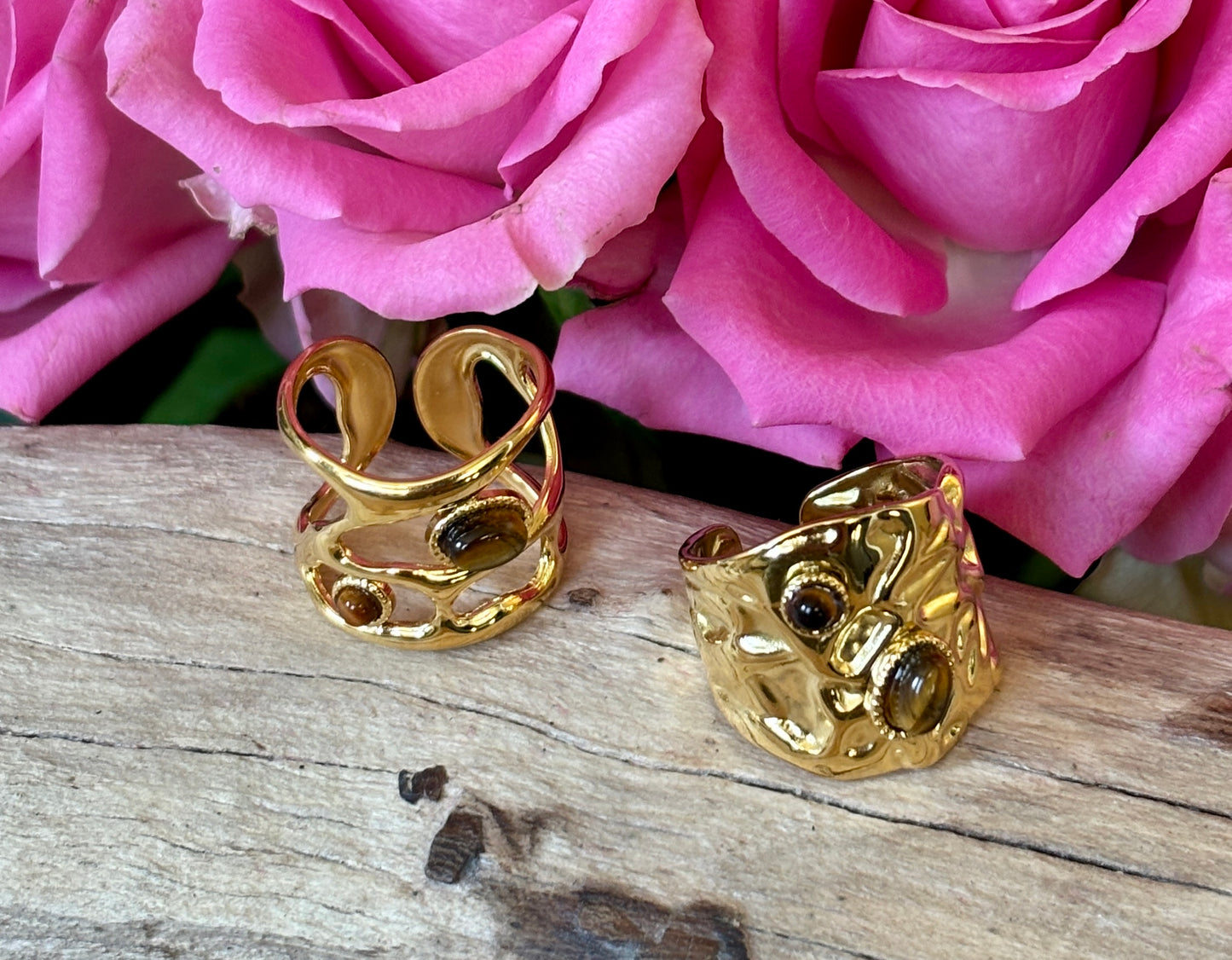 18ct Gold Plated Adjustable Tiger's Eye Cage Ring