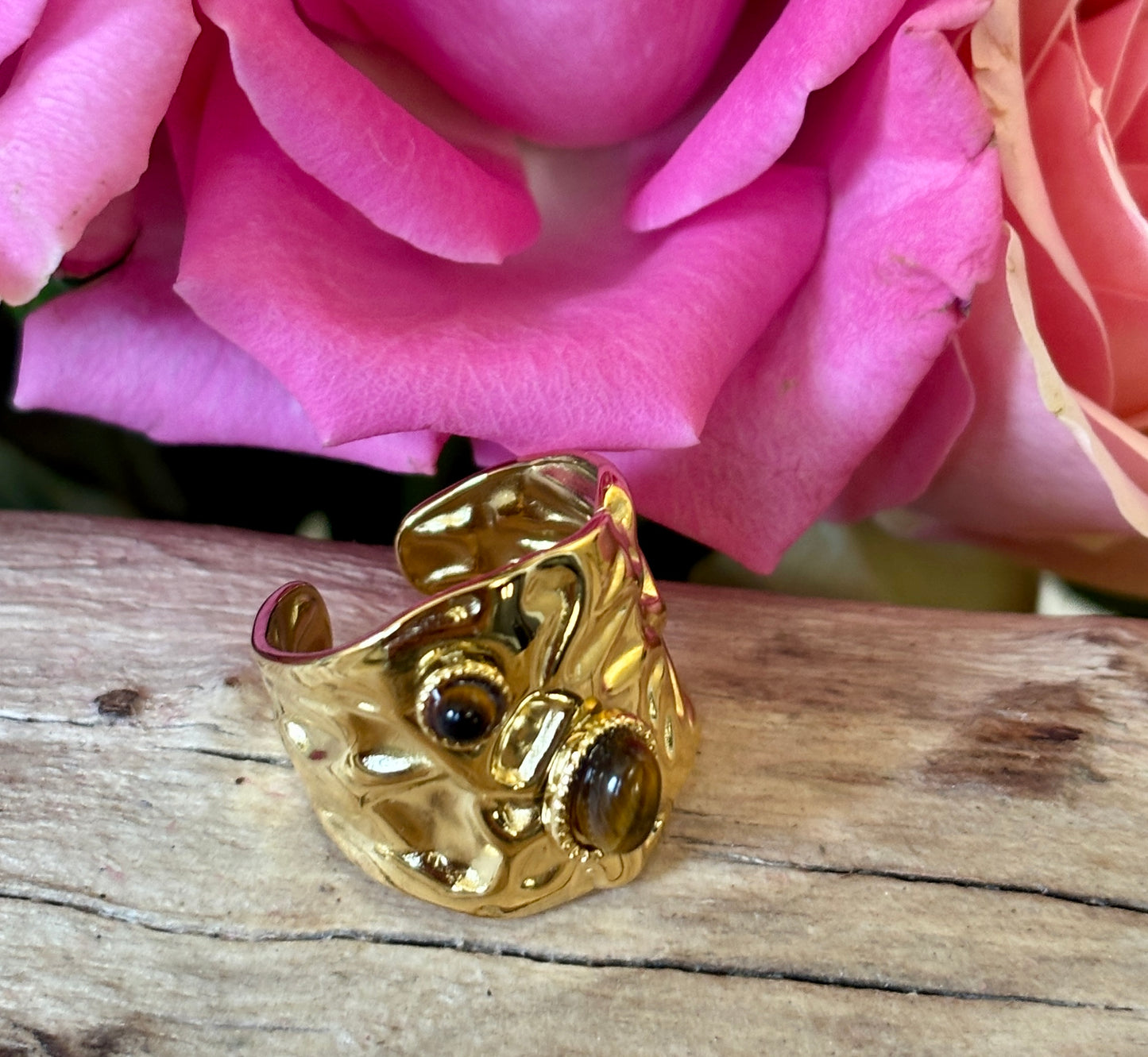 18ct Gold Plated Adjustable Tiger's Eye Hammered Ring