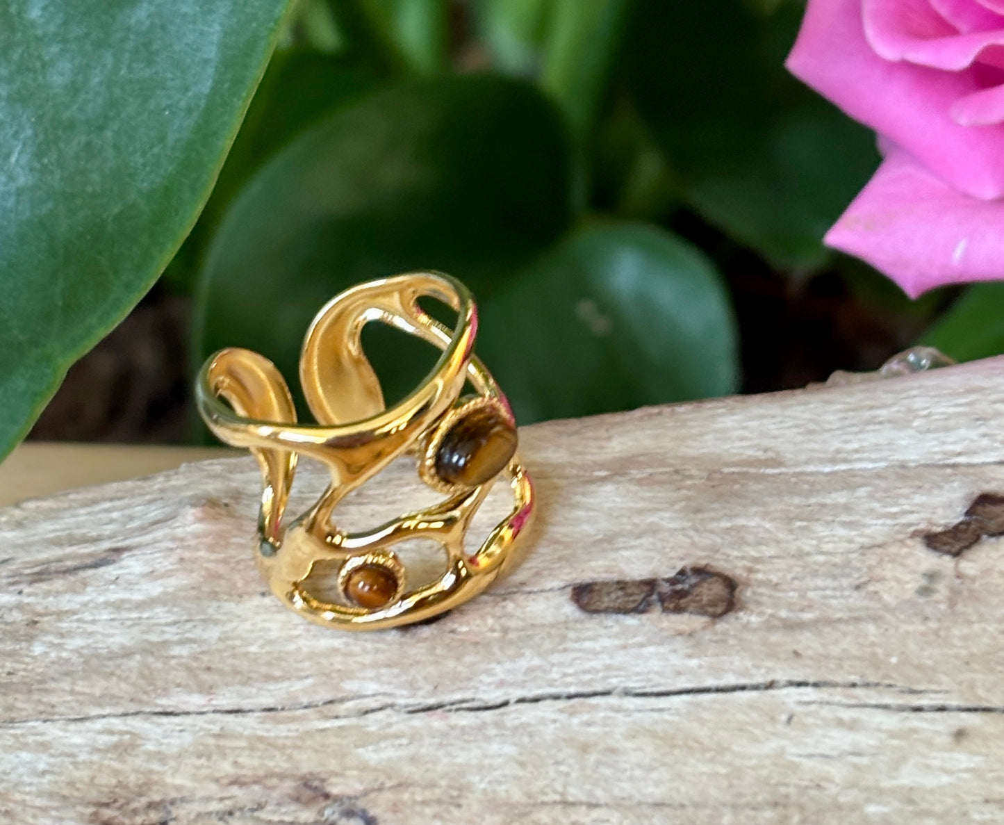 18ct Gold Plated Adjustable Tiger's Eye Cage Ring