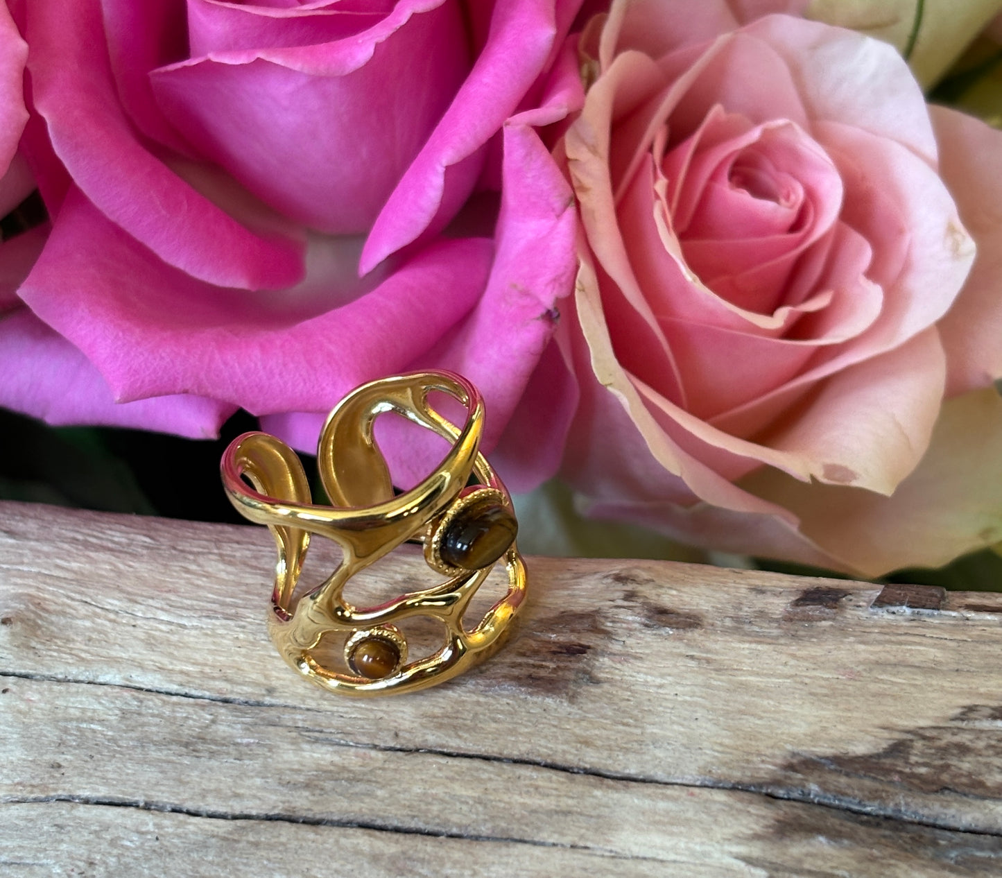18ct Gold Plated Adjustable Tiger's Eye Cage Ring