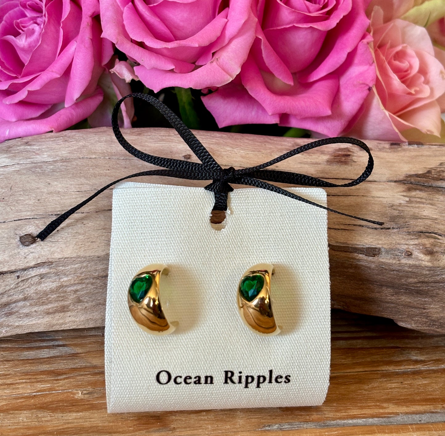 18ct Gold Plated Green Cubic Zirconia Heart Earrings