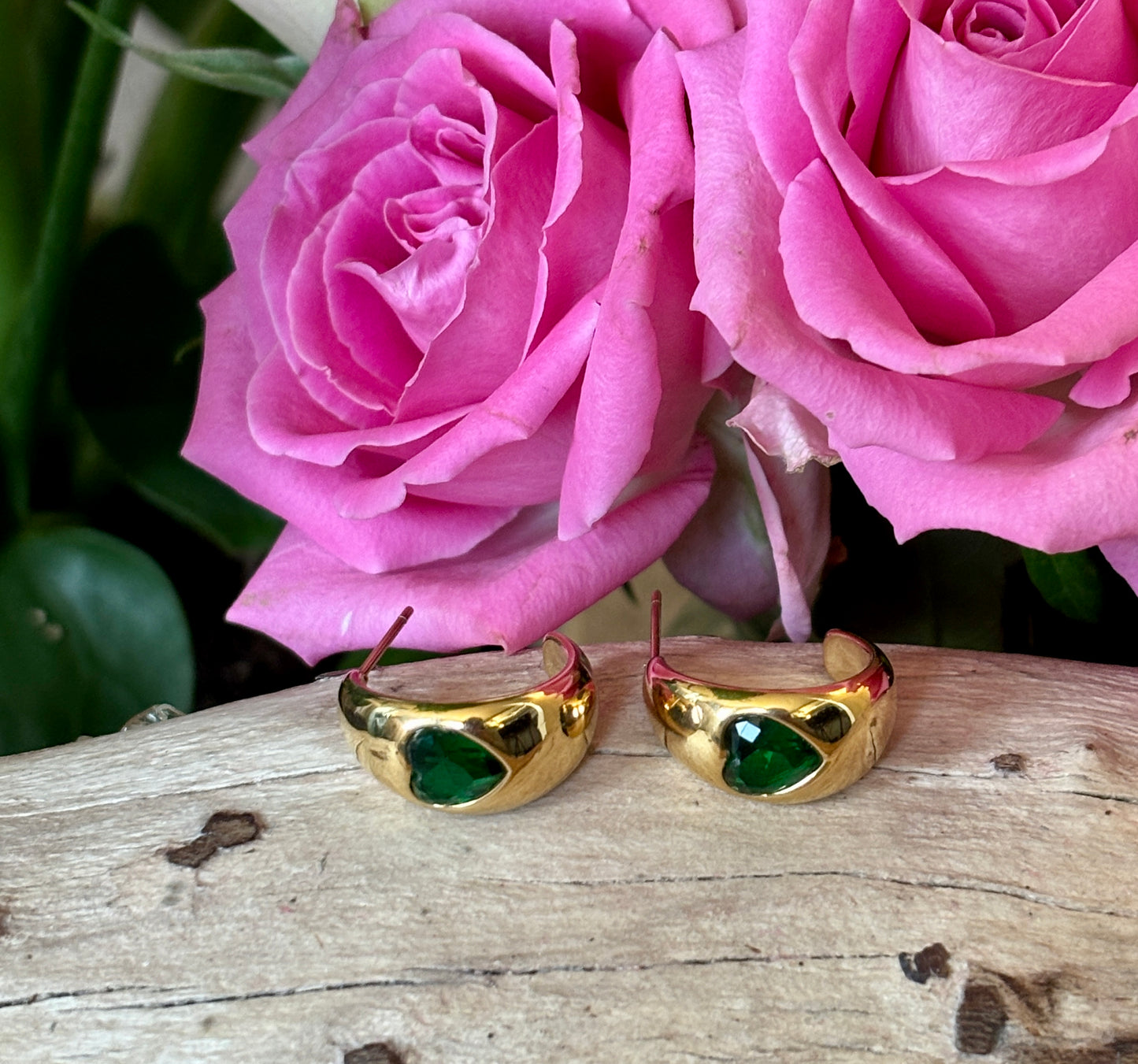 18ct Gold Plated Green Cubic Zirconia Heart Earrings