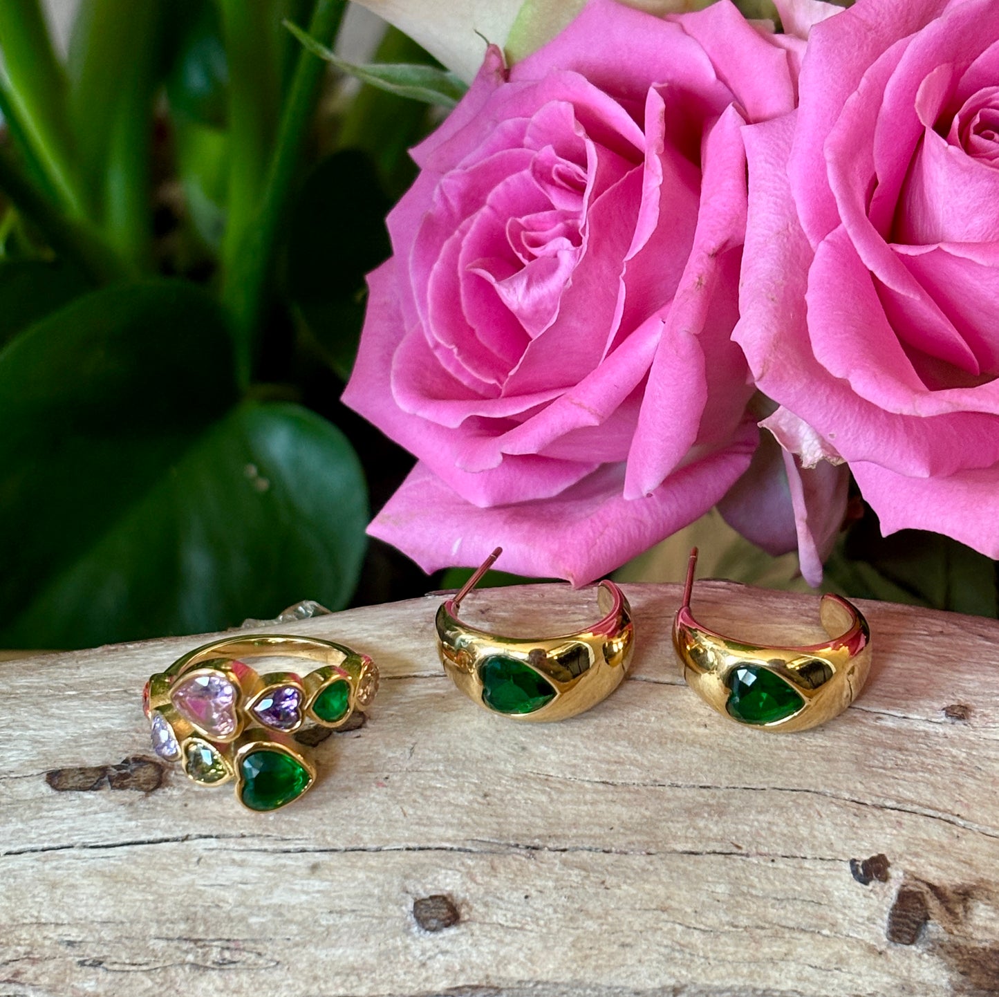 18ct Gold Plated Green Cubic Zirconia Heart Earrings