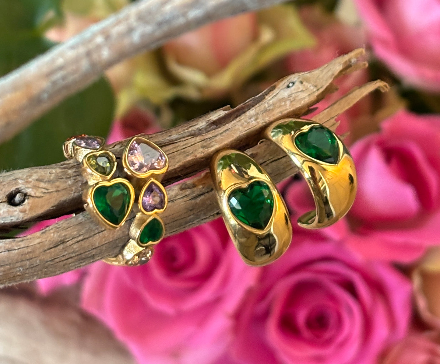 18ct Gold Plated Green Cubic Zirconia Heart Earrings