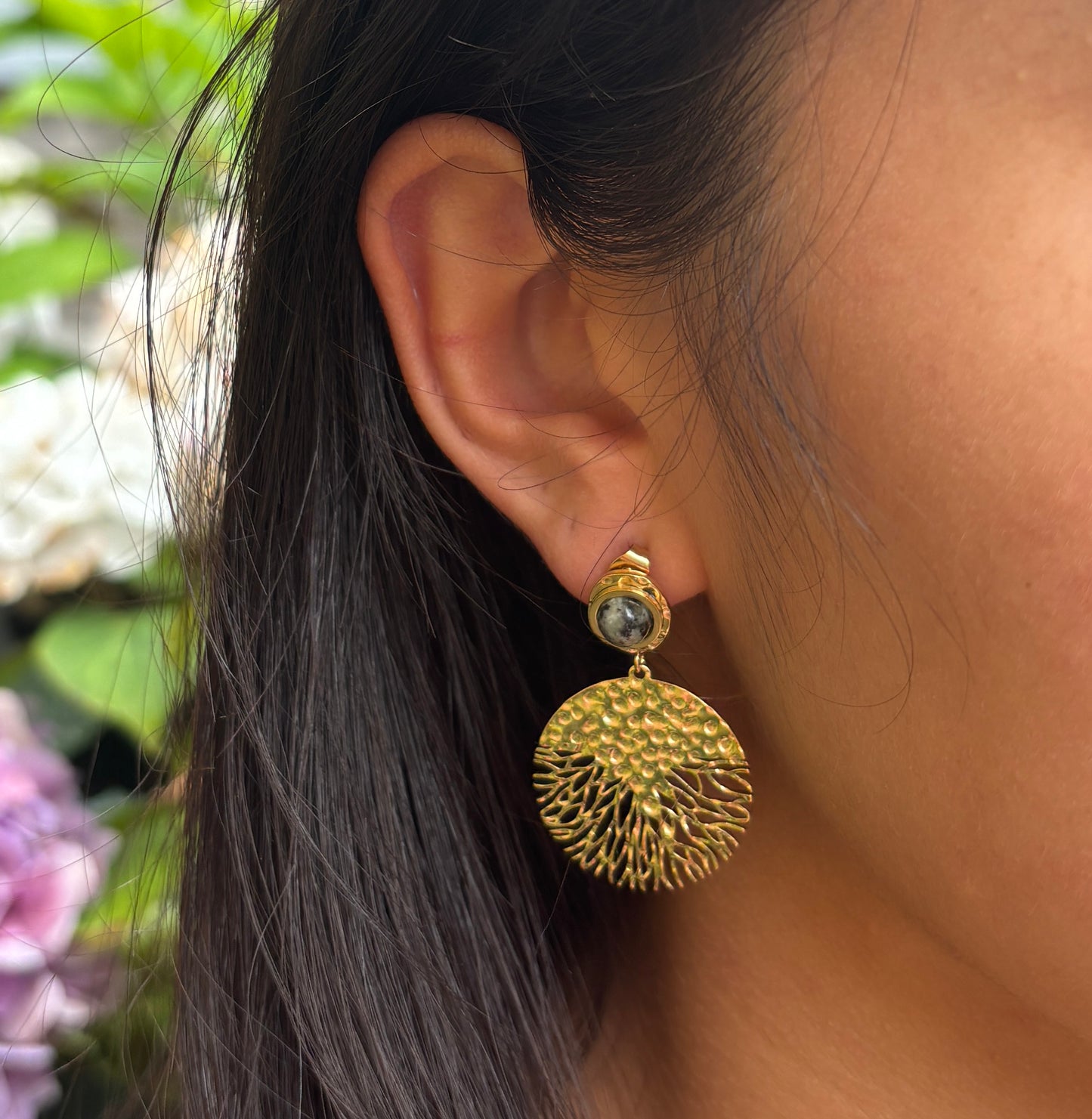 18ct Gold Plated African Turquoise Hammered Disc Earrings