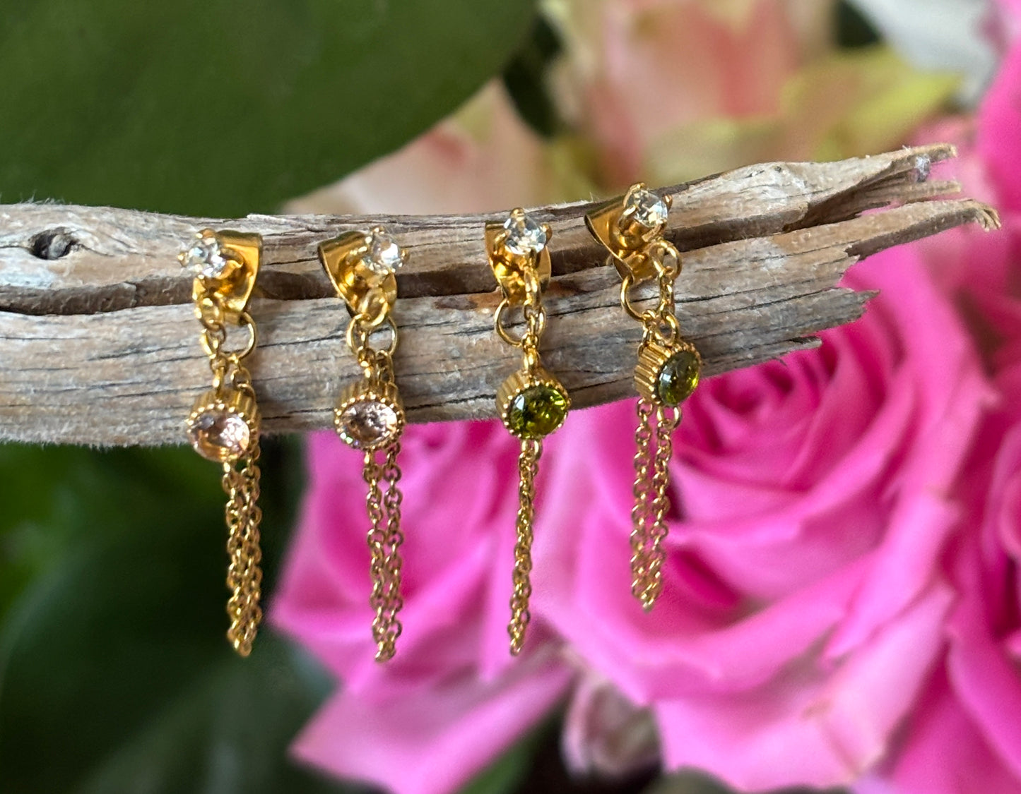 18ct Gold Plated Cubic Zirconia Stud Chain Earrings