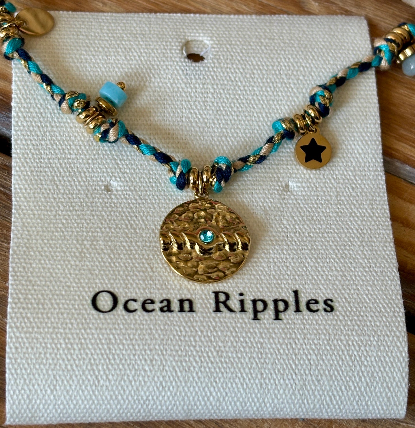 18ct Gold Plated Hammered Disc Rope Bracelet