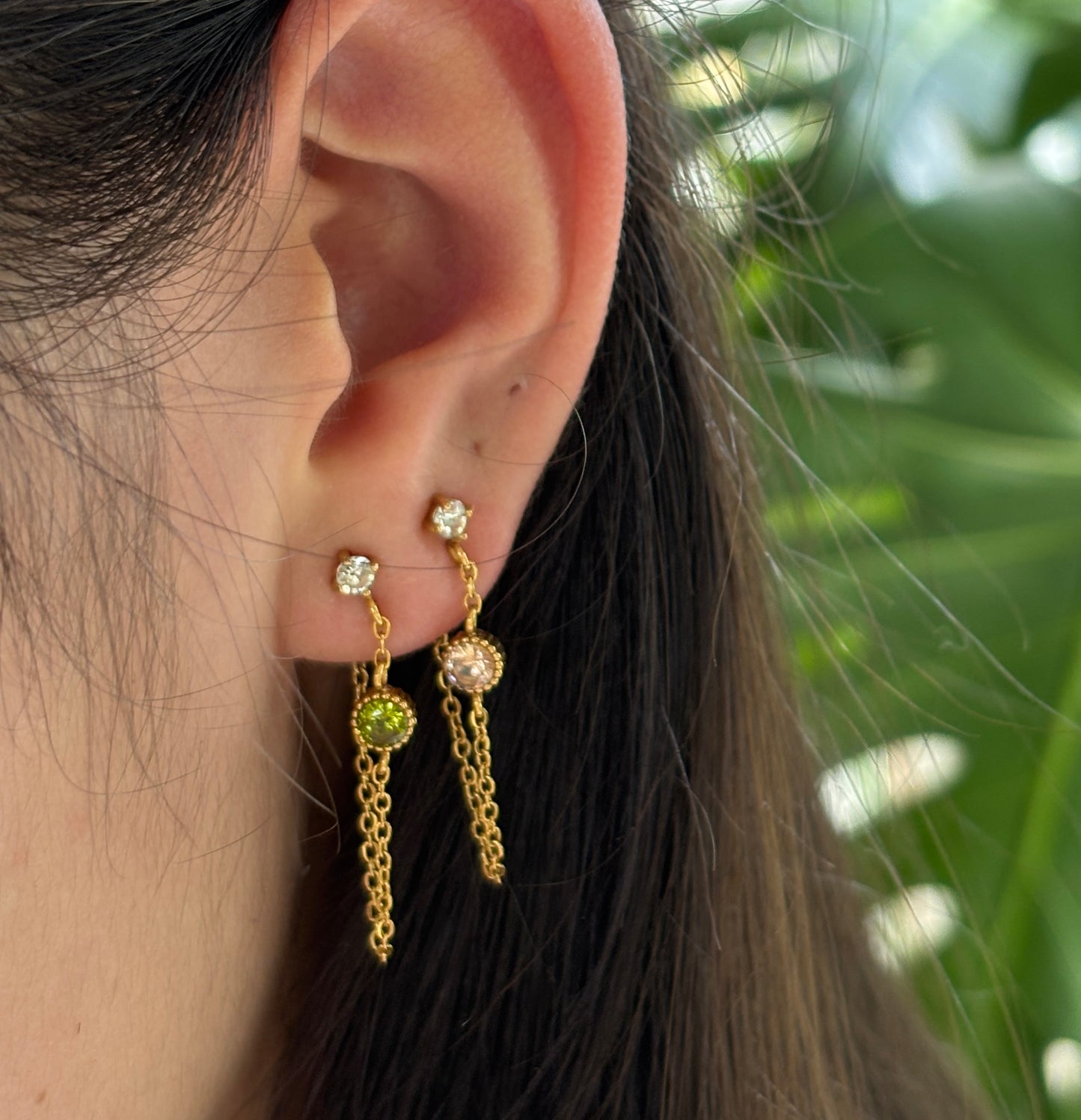 18ct Gold Plated Cubic Zirconia Stud Chain Earrings