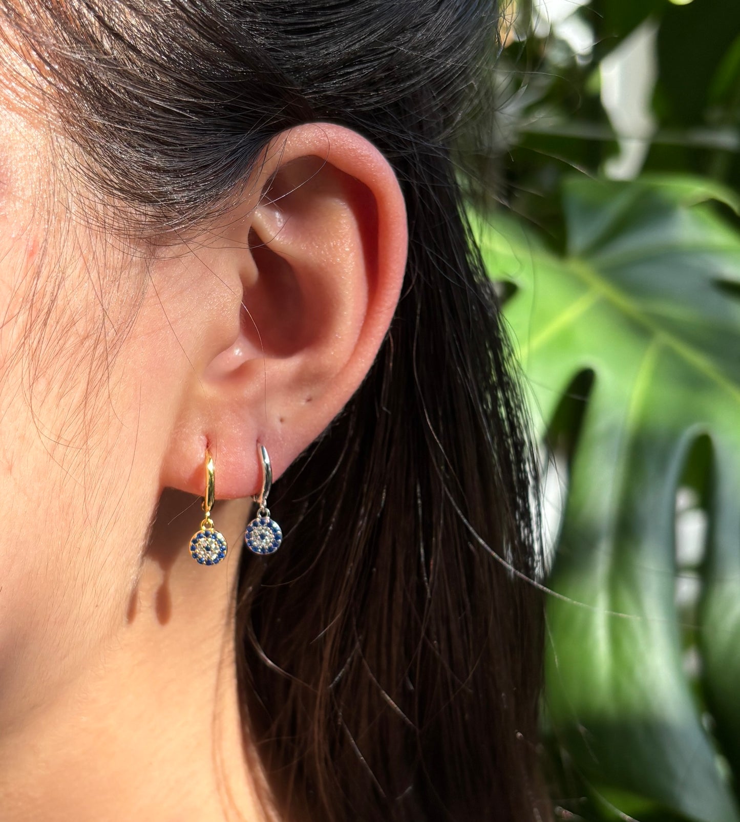 18ct Gold Plated Blue Cubic Zirconia Disc Huggie Earrings