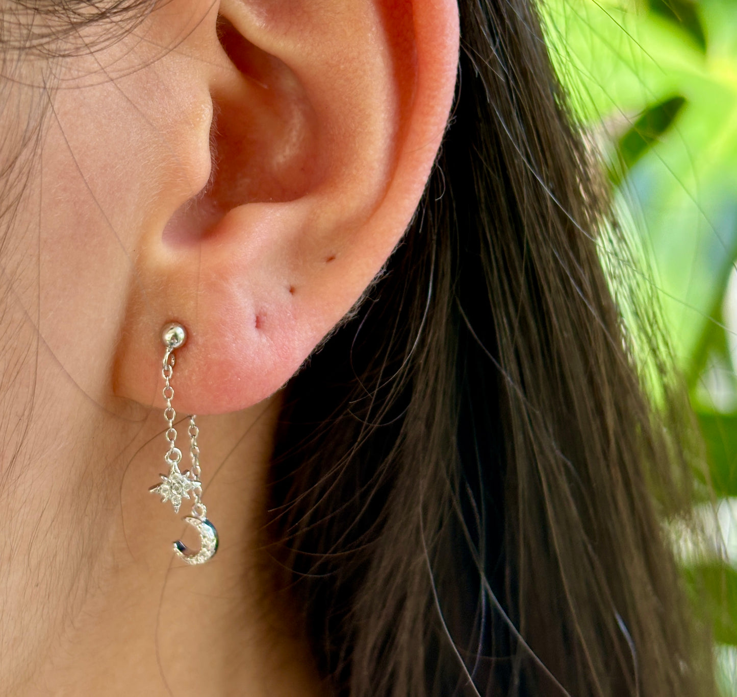 925 Sterling Silver Cubic Zirconia Star Moon Dangle Earrings