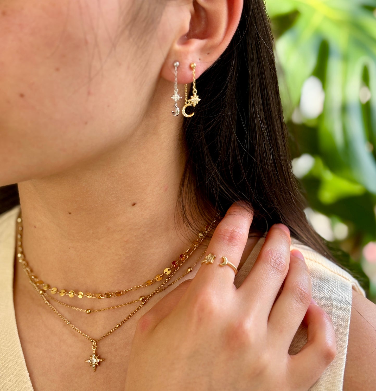 18ct Gold Plated Cubic Zirconia Star Moon Dangle Earrings