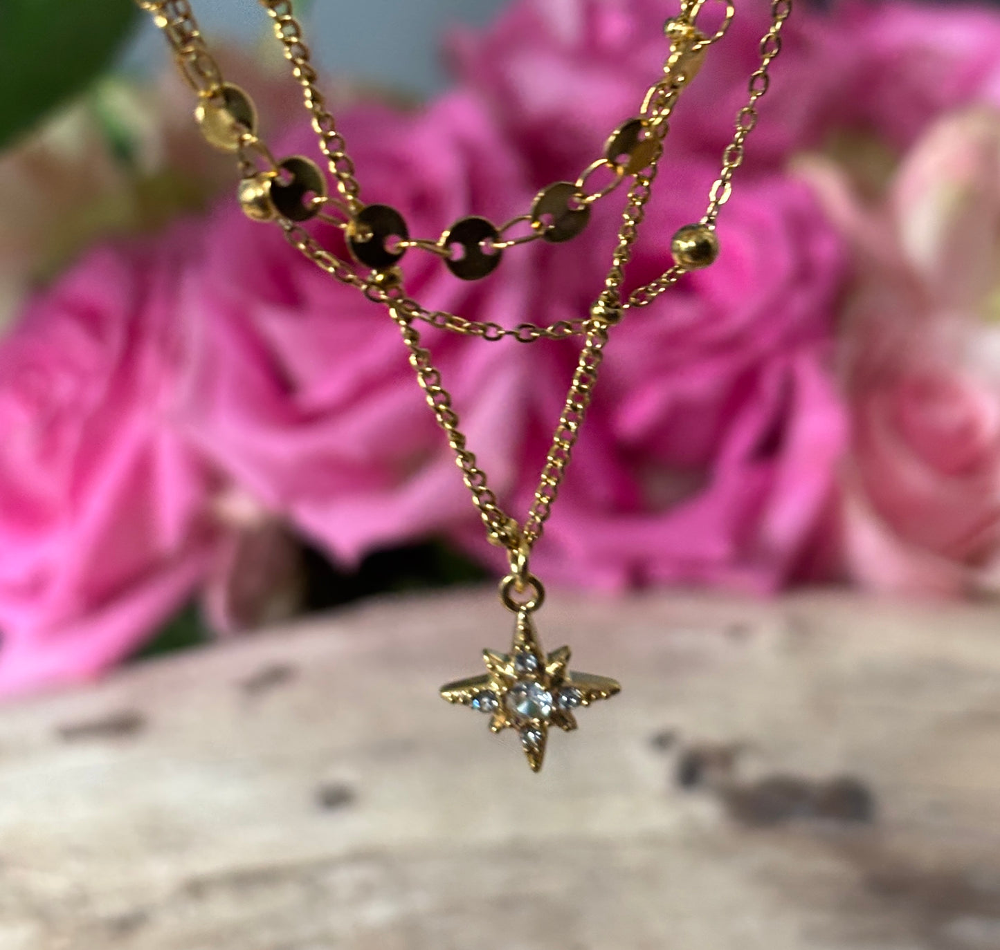 18ct Gold Plated Triple Chain Star Necklace