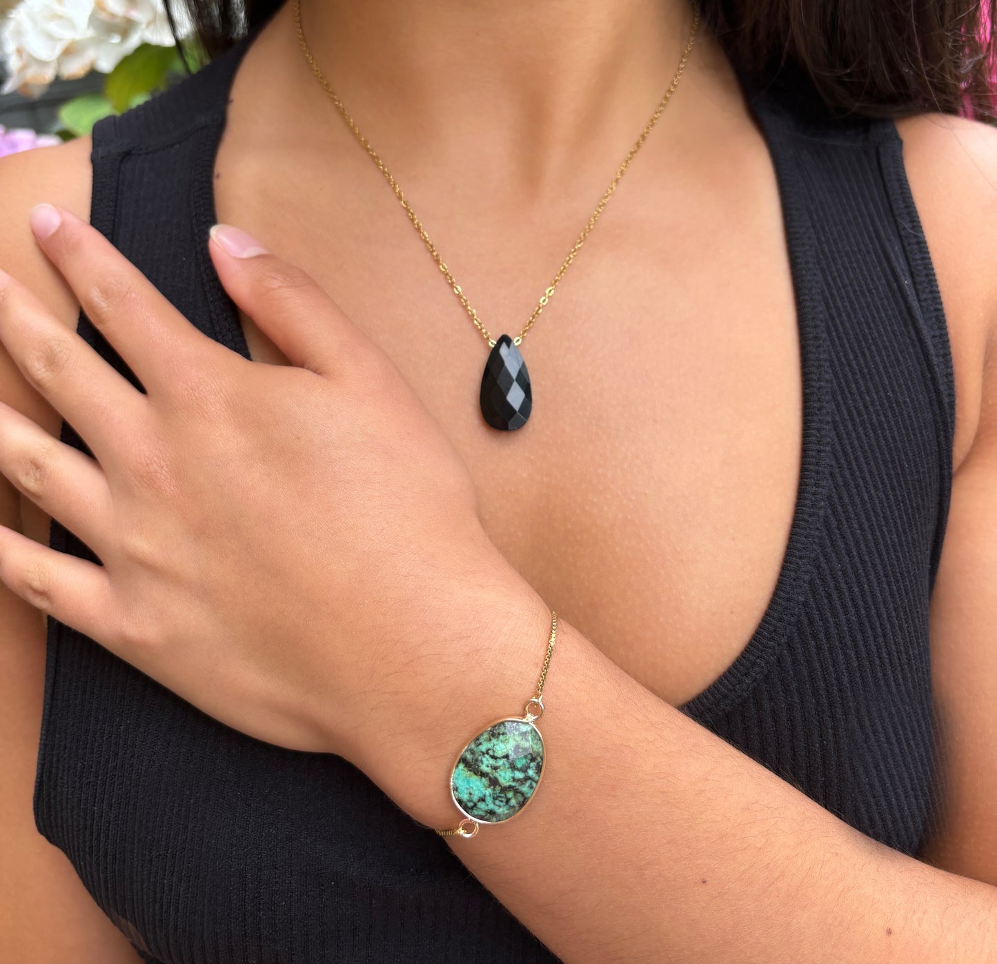 Personalised 18ct Gold Plated Black Obsidian Drop Necklace + Free Bracelet