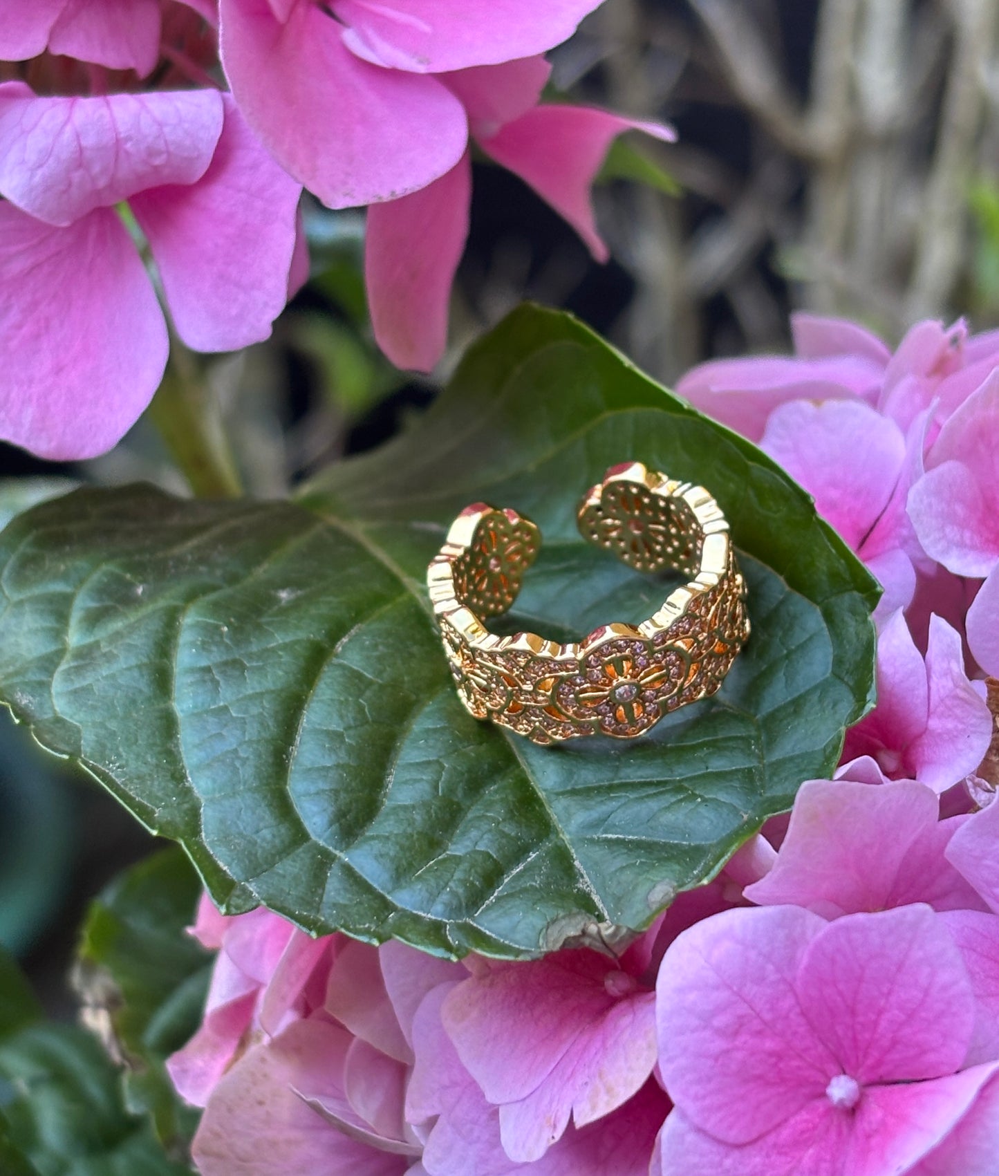18ct Gold Plated Cubic Zirconia Flower Lace Ring