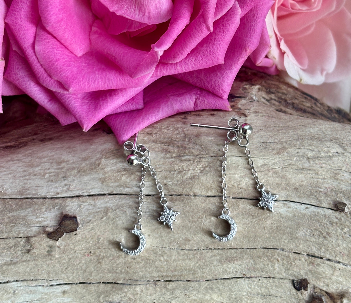 925 Sterling Silver Cubic Zirconia Star Moon Dangle Earrings