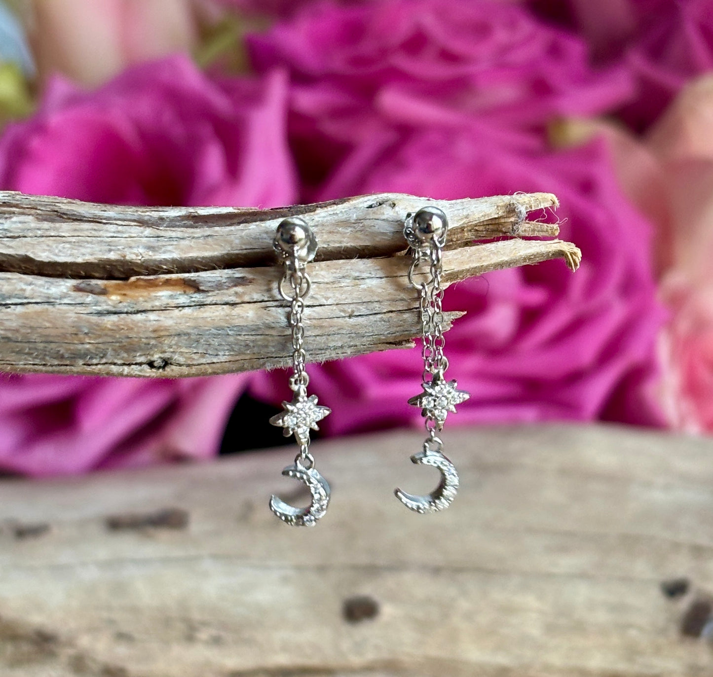 925 Sterling Silver Cubic Zirconia Star Moon Dangle Earrings