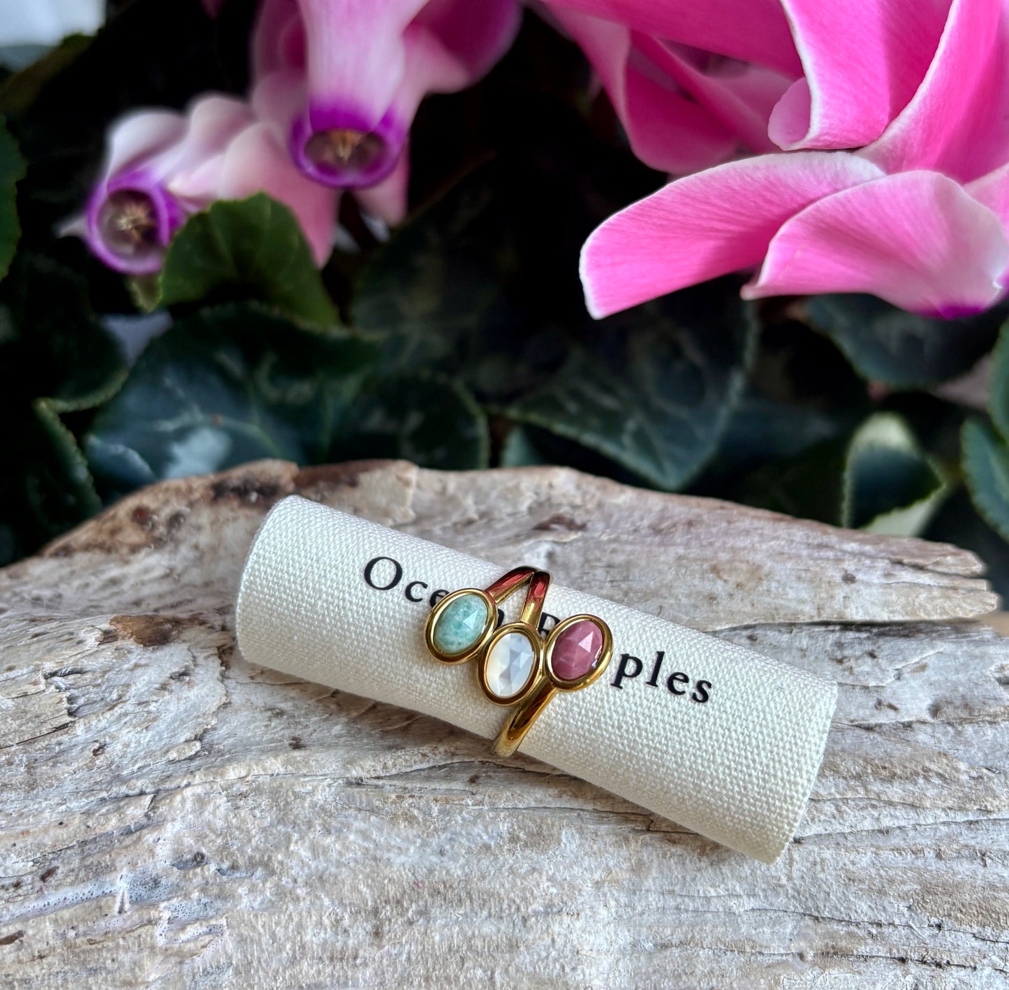 18ct Gold Plated Natural Stone Triple Band Ring - Available in Two Options