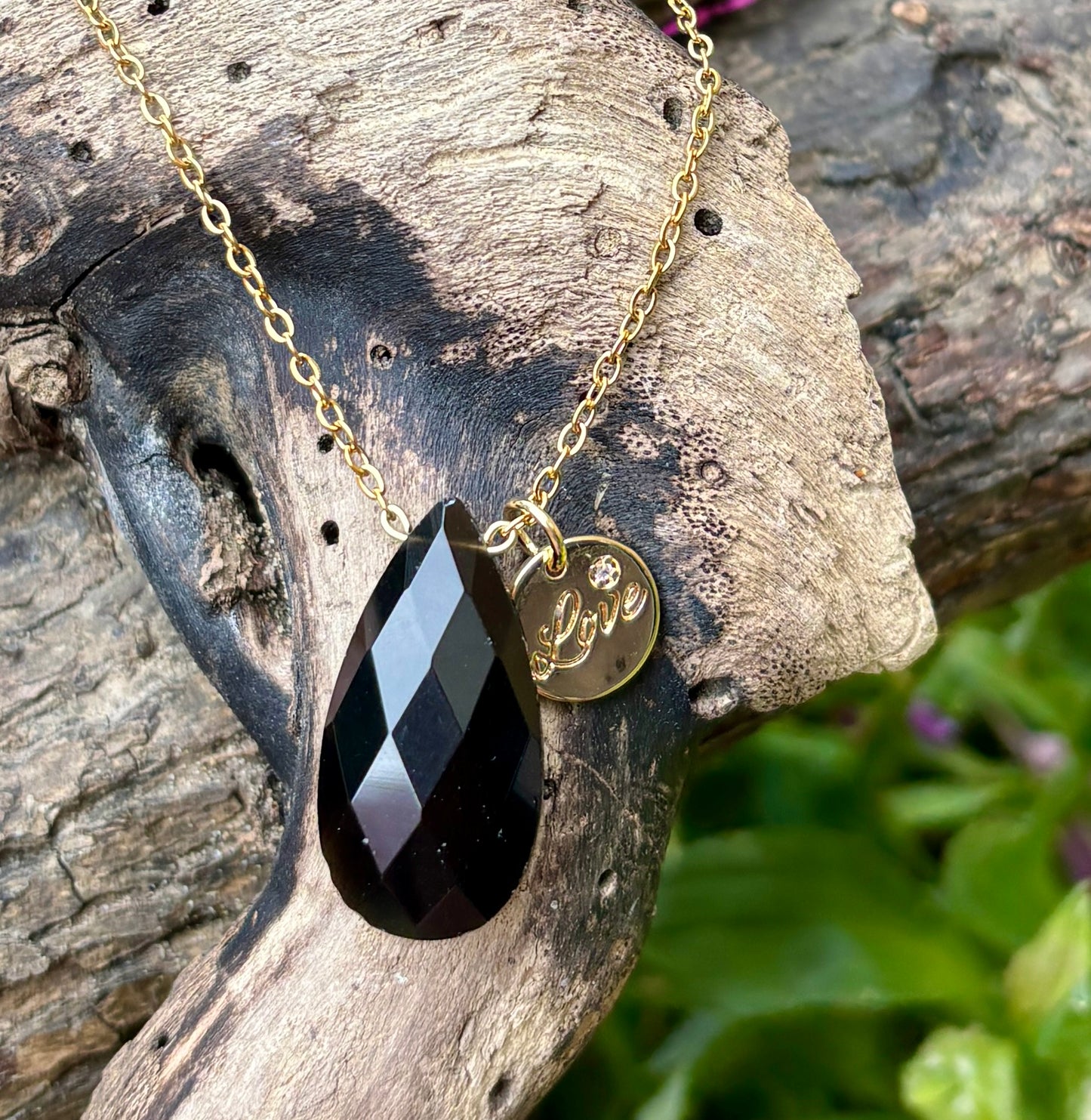Personalised 18ct Gold Plated Black Obsidian Drop Necklace + Free Bracelet