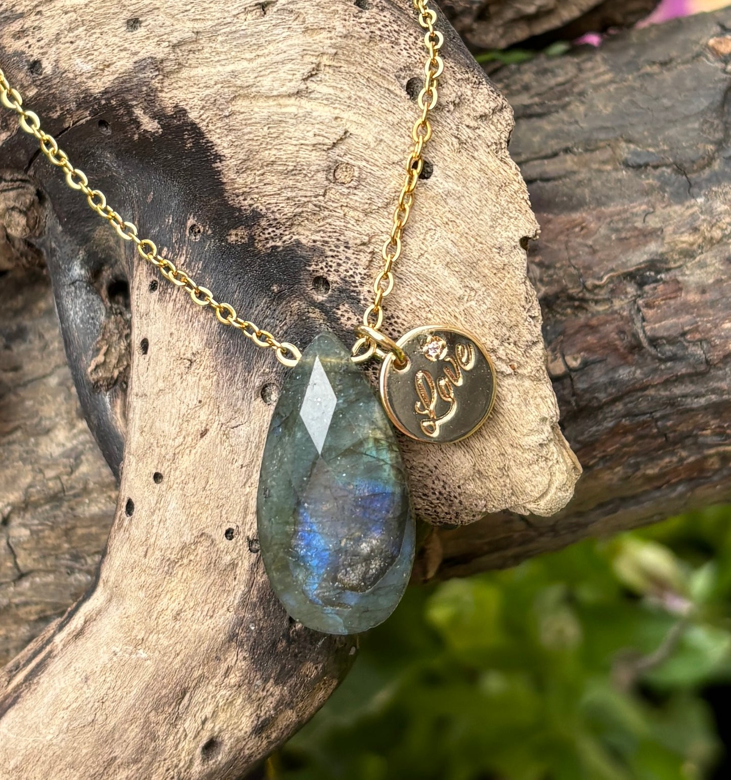 Personalised 18ct Gold Plated Labradorite Drop Necklace + Free Matching Bracelet