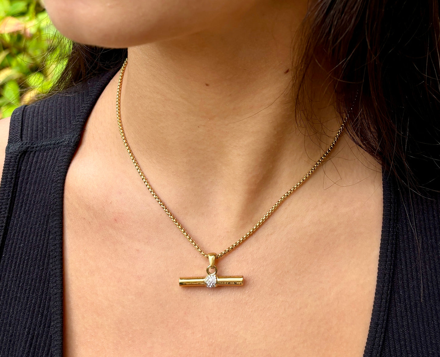 18ct Gold Plated Cubic Zirconia T Bar Necklace