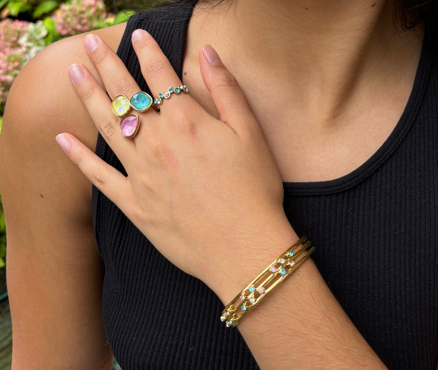 18ct Gold Plated Faceted Glass Adjustable Ring