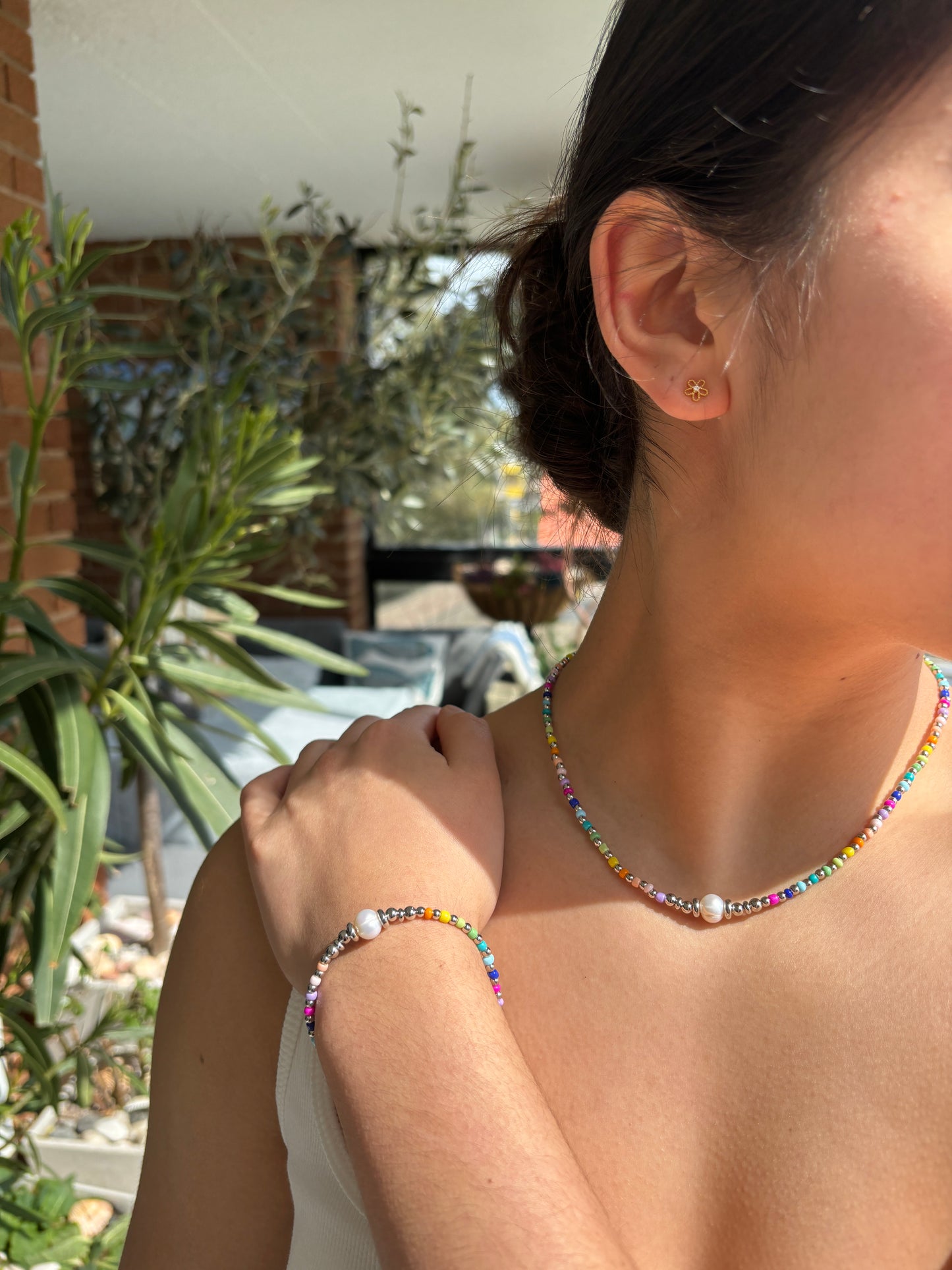 18ct Gold Plated Pearl Rainbow Necklace - Available in Silver