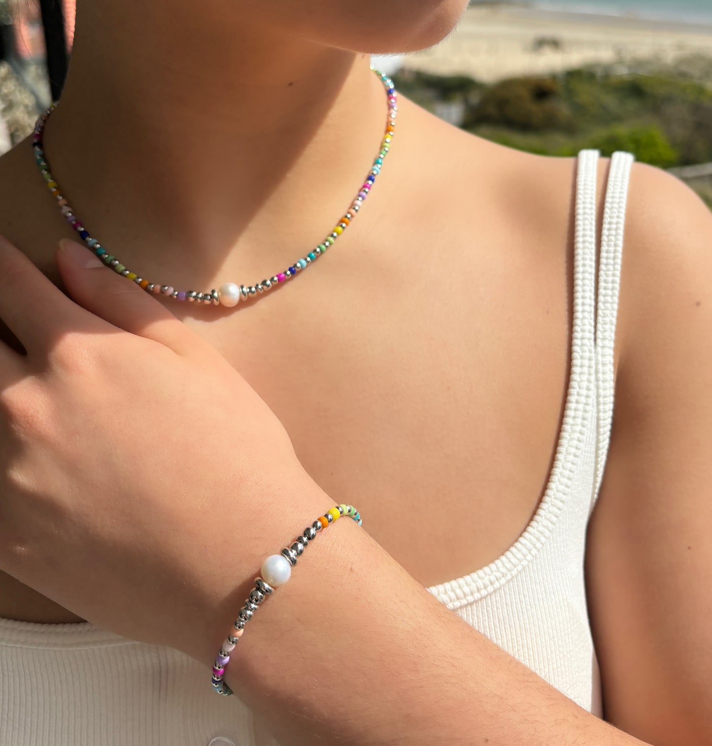18ct Gold Plated Pearl Miyuki Rainbow Bracelet - Available In Silver