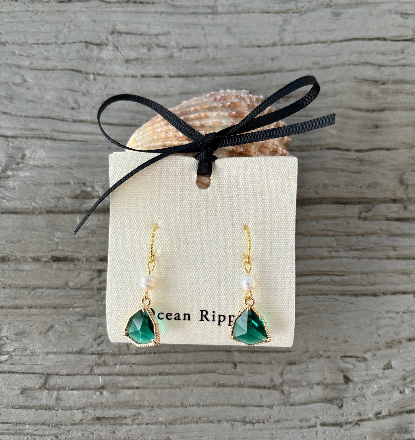 14ct Gold Plated Fresh Water Pearl Green Faceted Glass Drop Earrings