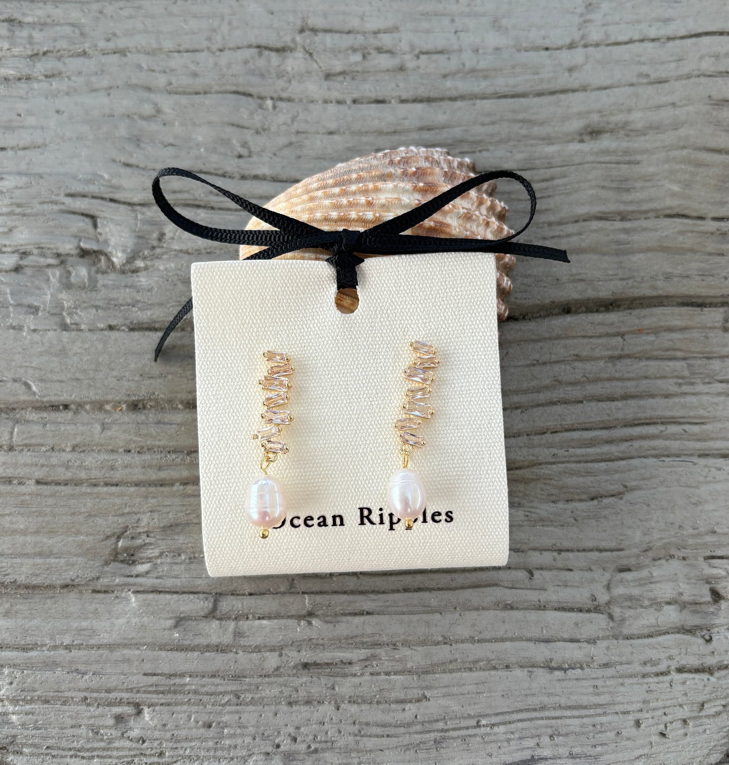 14ct Gold Plated Cubic Zirconia Zig-Zag Fresh Water Pearl Earrings