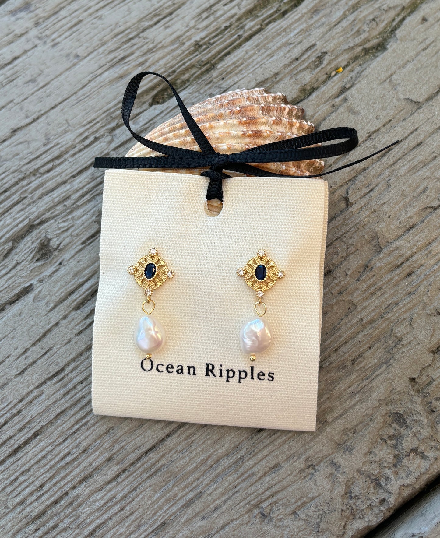 14ct Gold Plated Fresh Water Pearl Blue Filigree Earrings