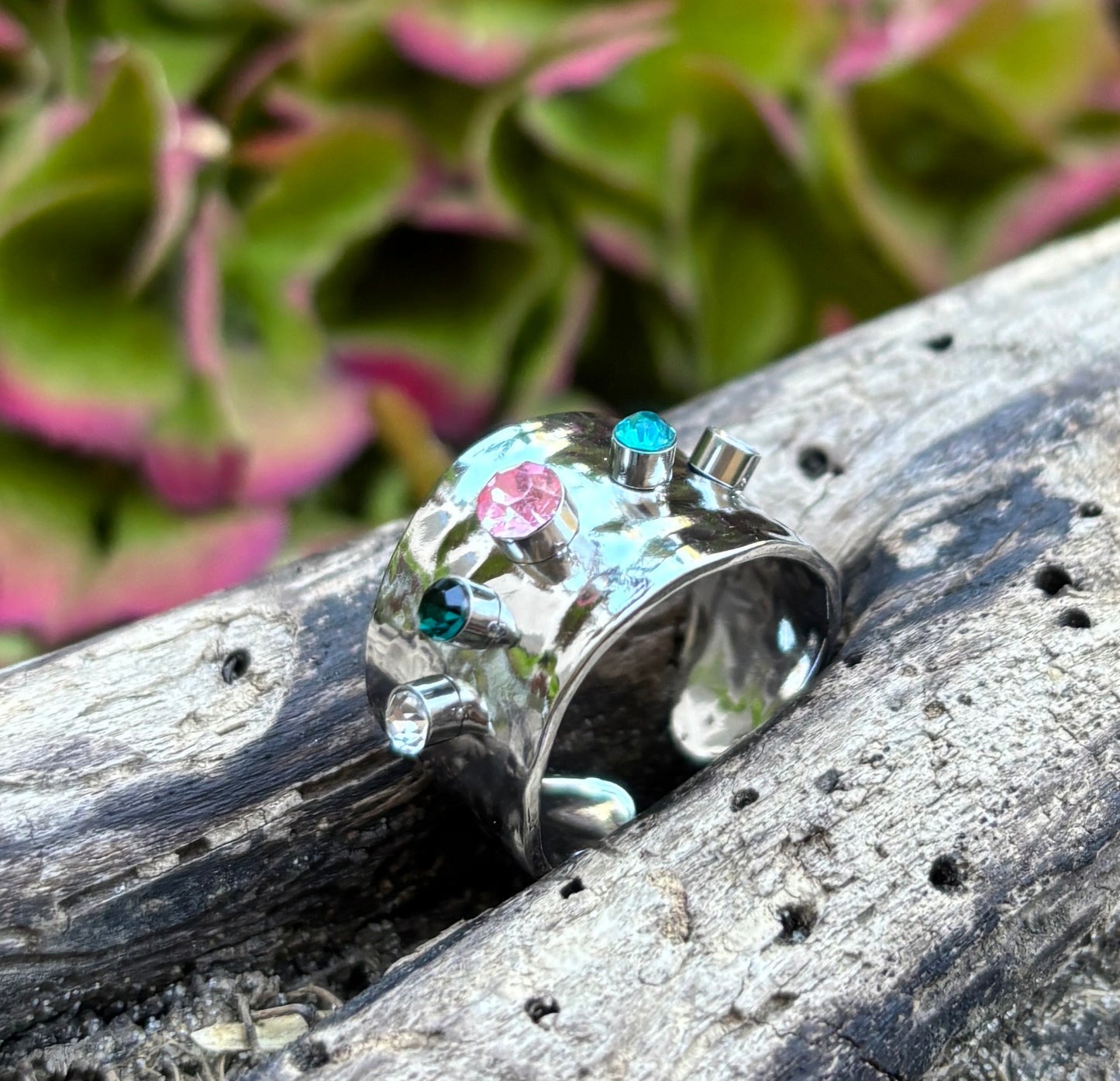 18ct Gold Plated Adjustable Multi Coloured Cubic Zirconia Hammered Ring - Available in Silver