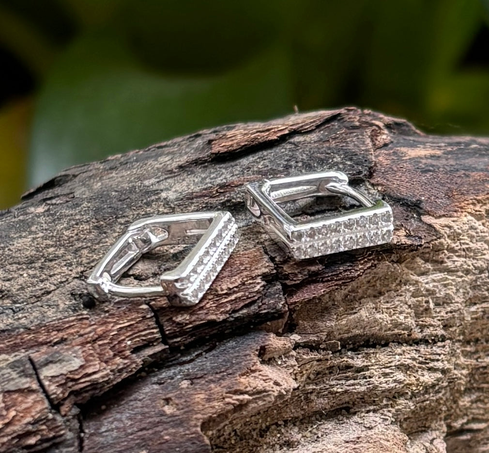 925 Sterling Silver Cubic Zirconia Square Huggie Earrings