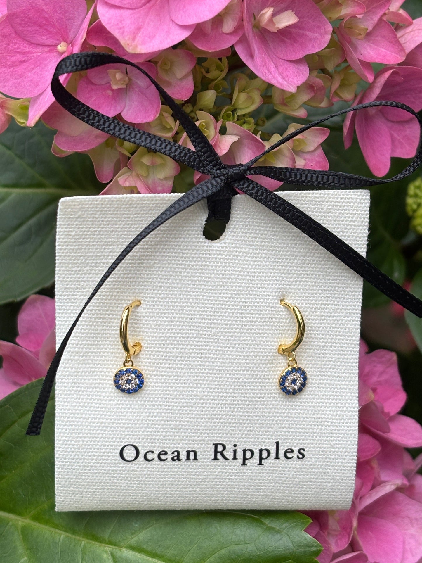 18ct Gold Plated Blue Cubic Zirconia Disc Huggie Earrings