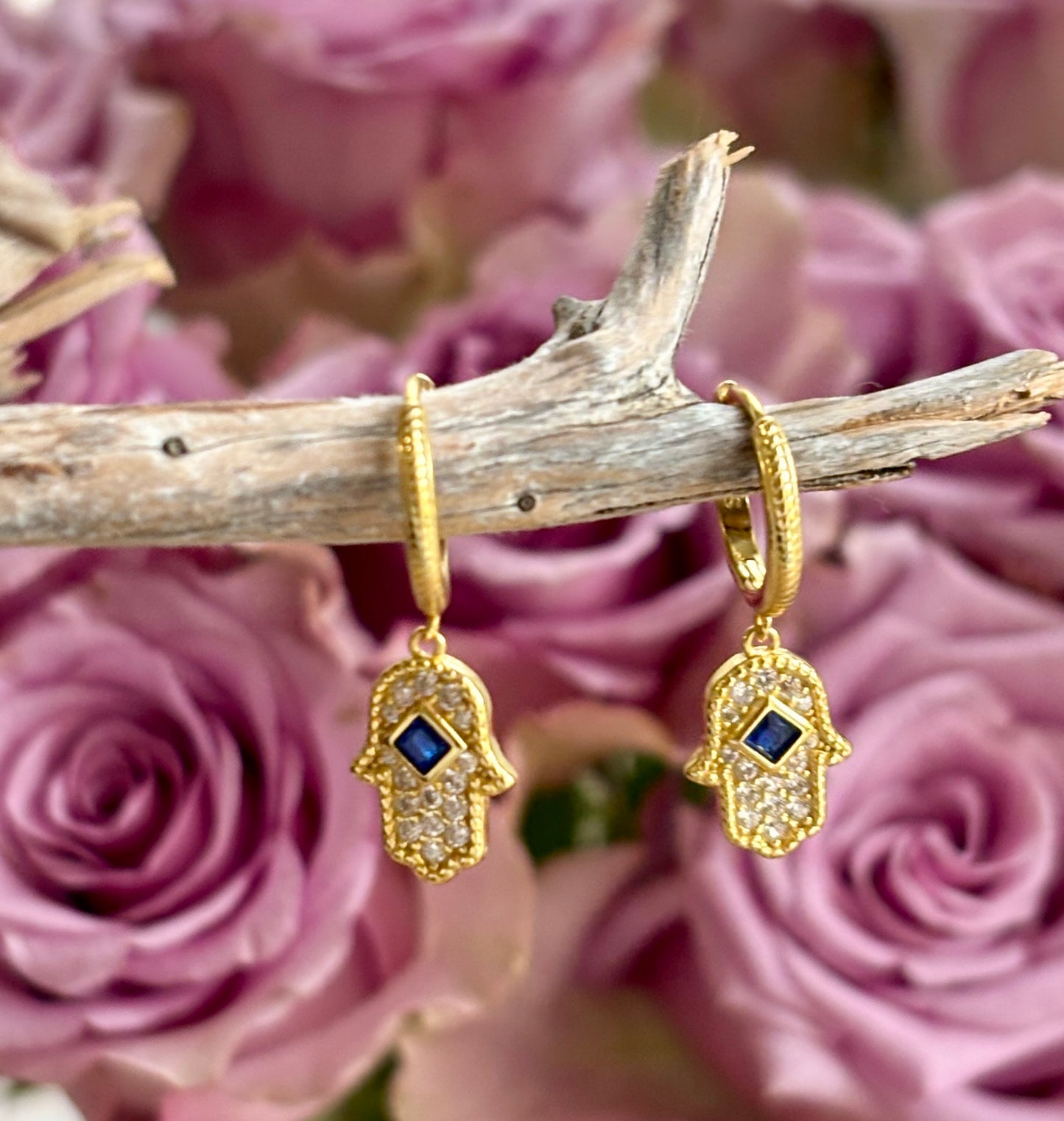 18ct Gold Plated Cubic Zirconia Hamsa Hand Huggie Earrings