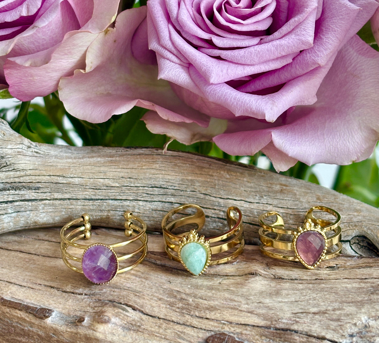 18ct Gold Plated Amazonite Drop Triple Band Ring