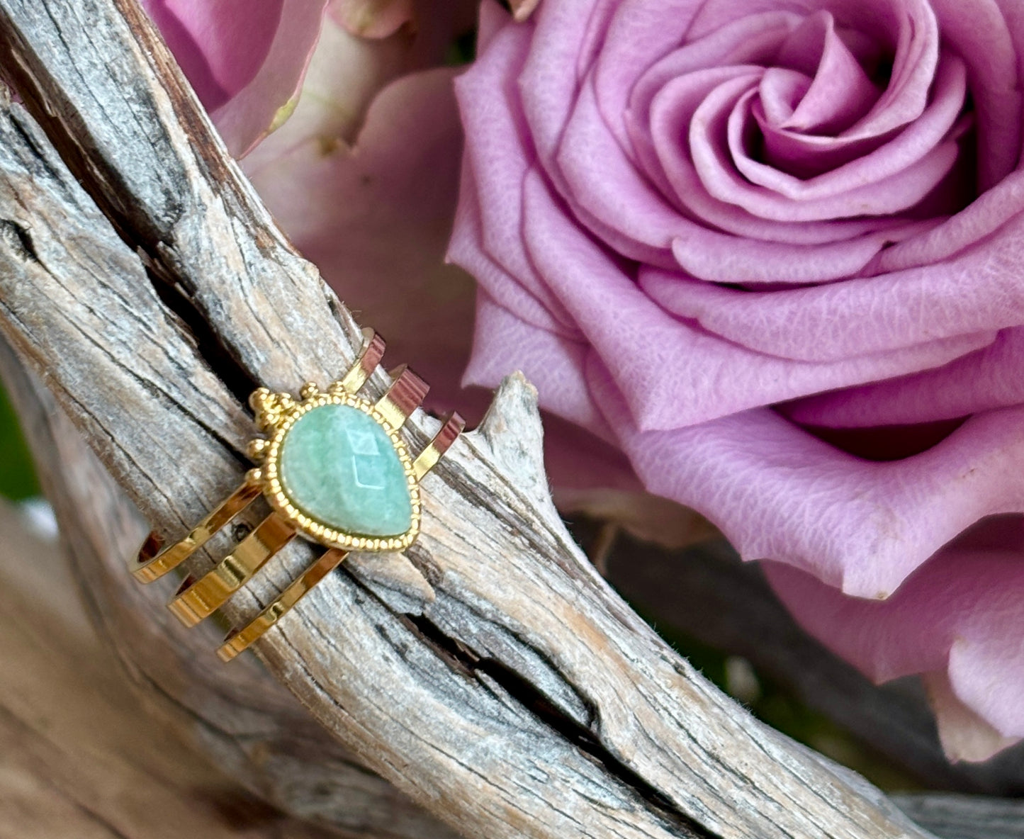18ct Gold Plated Amazonite Drop Triple Band Ring