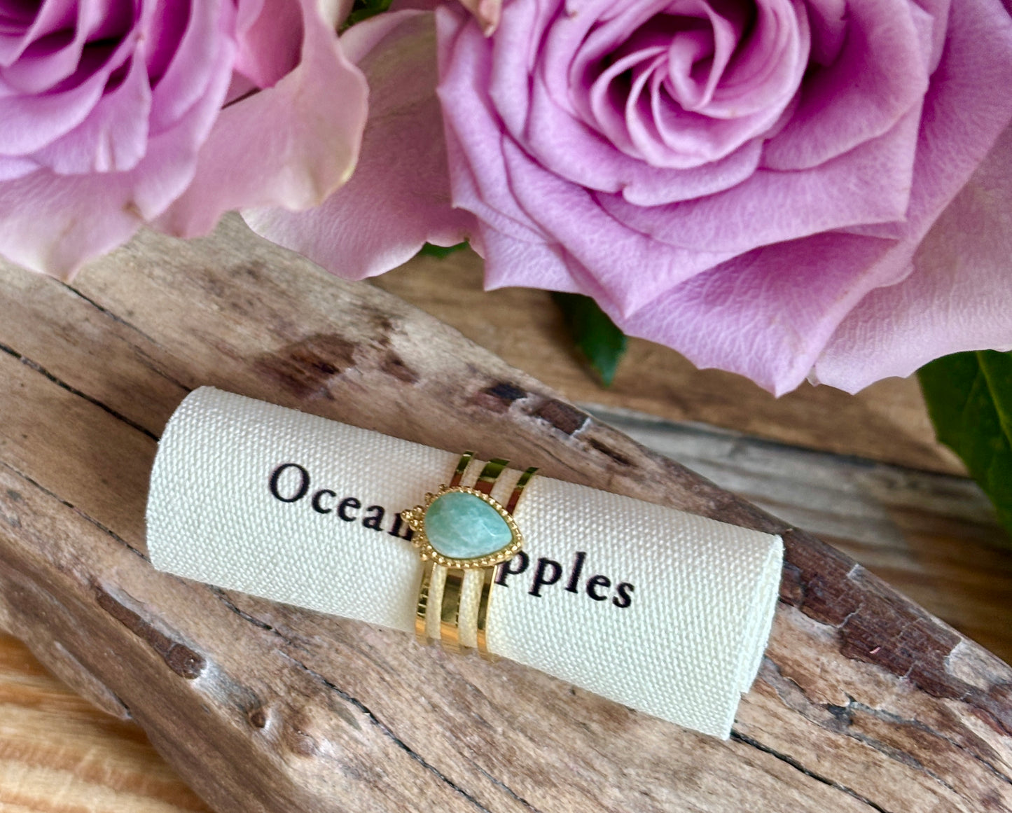 18ct Gold Plated Amazonite Drop Triple Band Ring