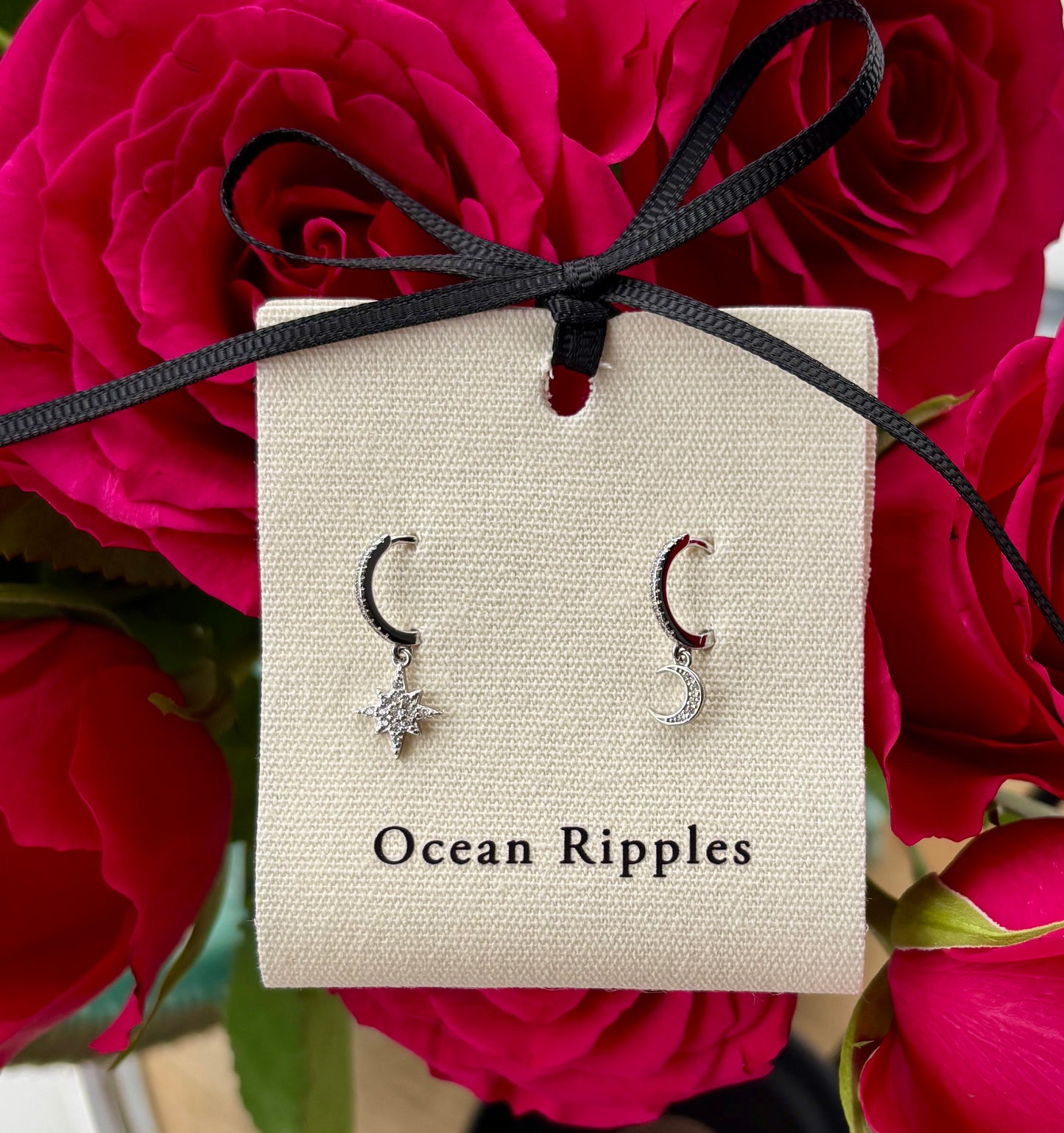 925 Sterling Silver Cubic Zirconia Star Moon Huggie Earrings