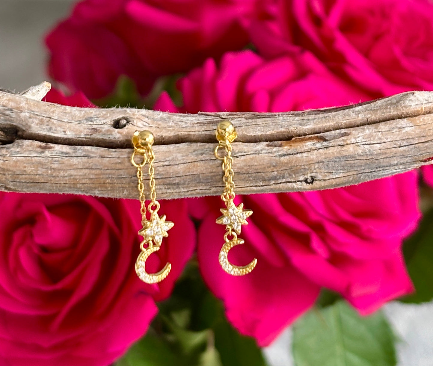 18ct Gold Plated Cubic Zirconia Star Moon Dangle Earrings