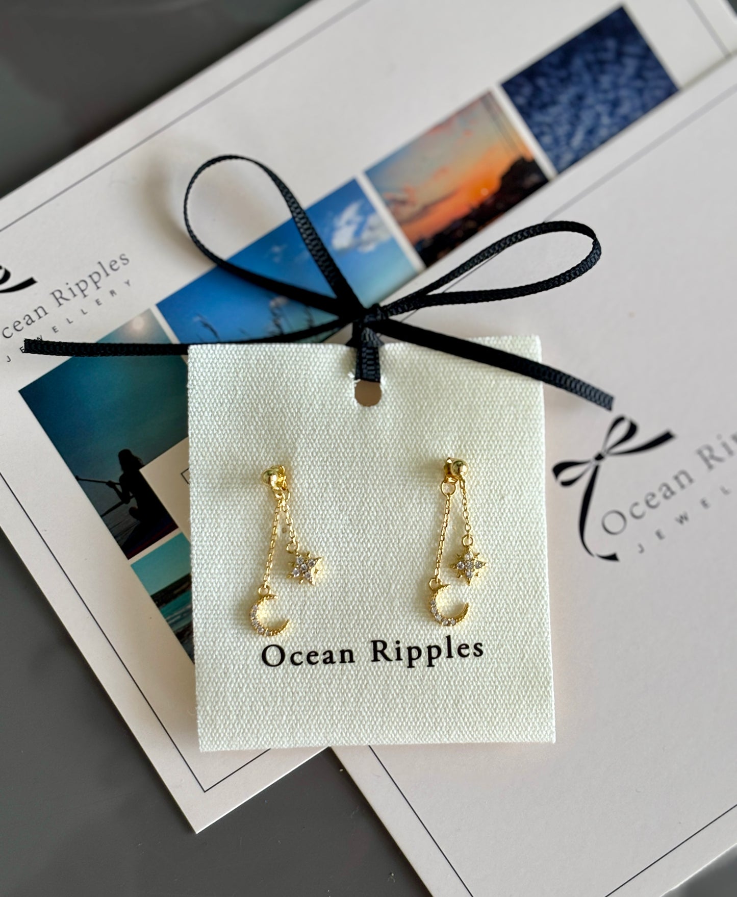 18ct Gold Plated Cubic Zirconia Star Moon Dangle Earrings