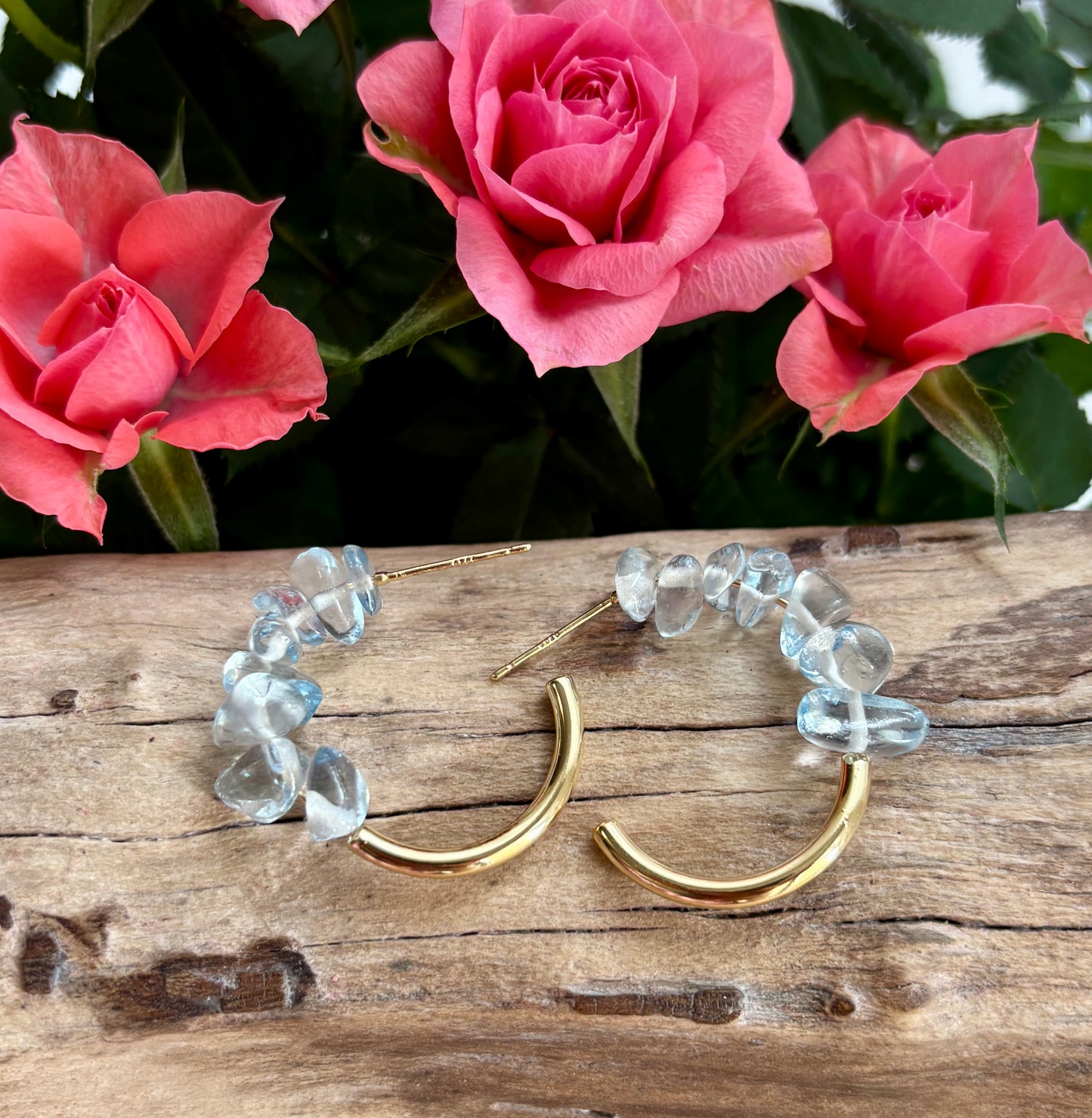 14ct Gold Plated Blue Quartz Chips Hoop Earrings