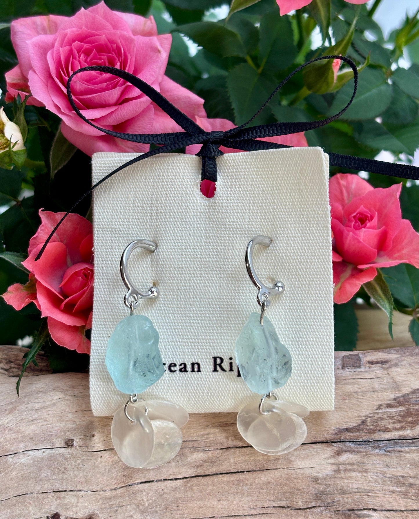 Silver Aquamarine Shell Disc Drop Earrings