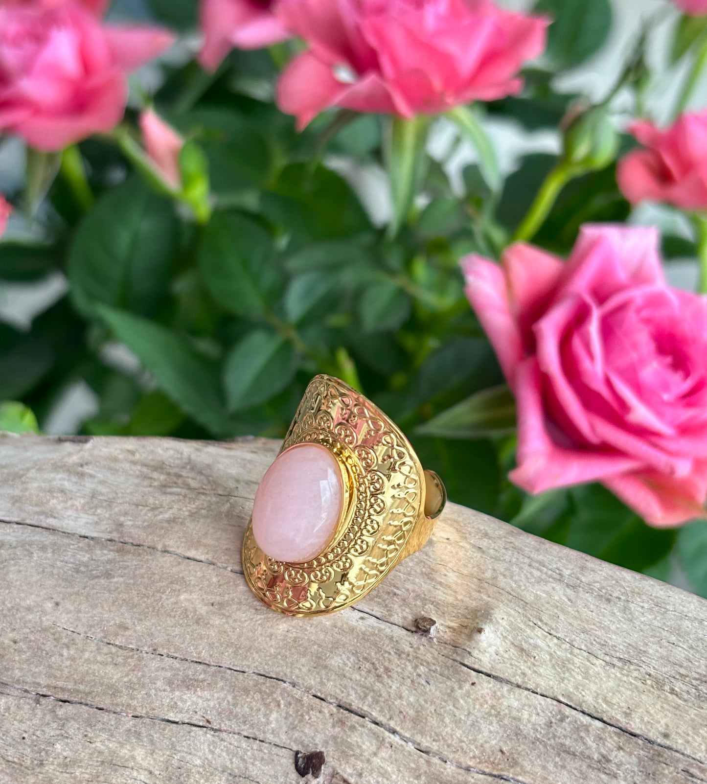 18ct Gold Plated Rose Quartz Shield Adjustable Ring