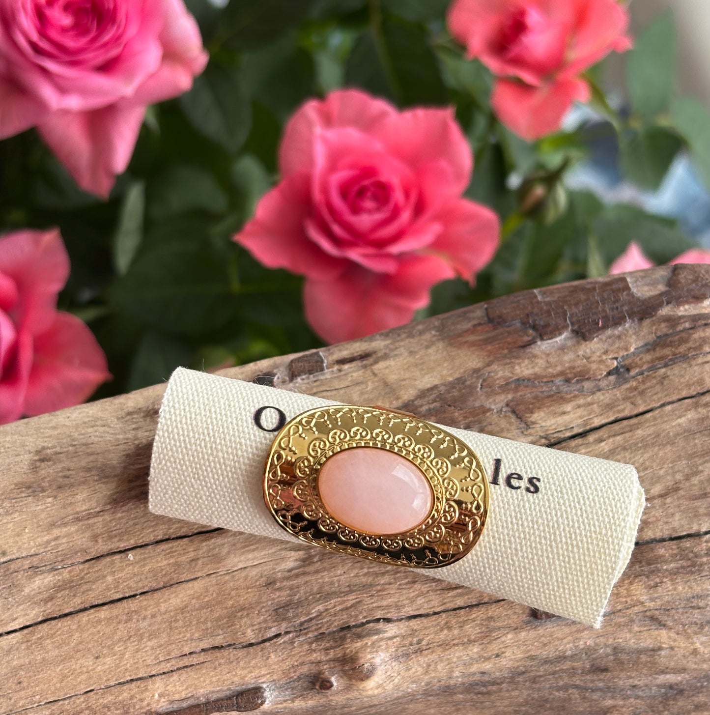 18ct Gold Plated Rose Quartz Shield Adjustable Ring