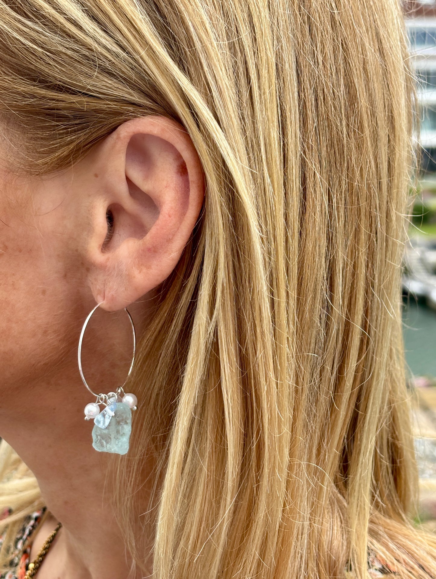 Silver Aquamarine Chip Hoop Earrings